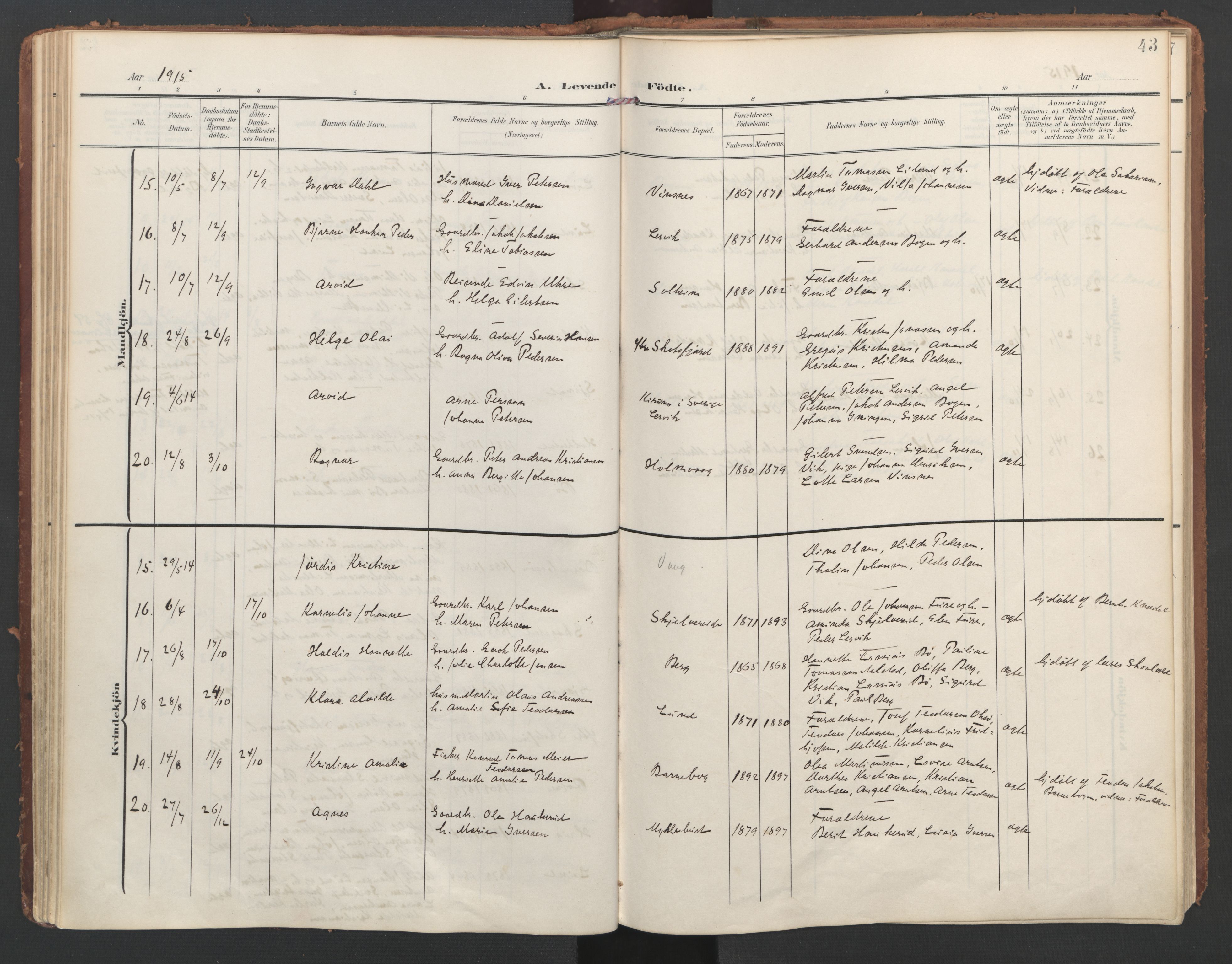 Ministerialprotokoller, klokkerbøker og fødselsregistre - Nordland, AV/SAT-A-1459/855/L0805: Ministerialbok nr. 855A13, 1906-1920, s. 43