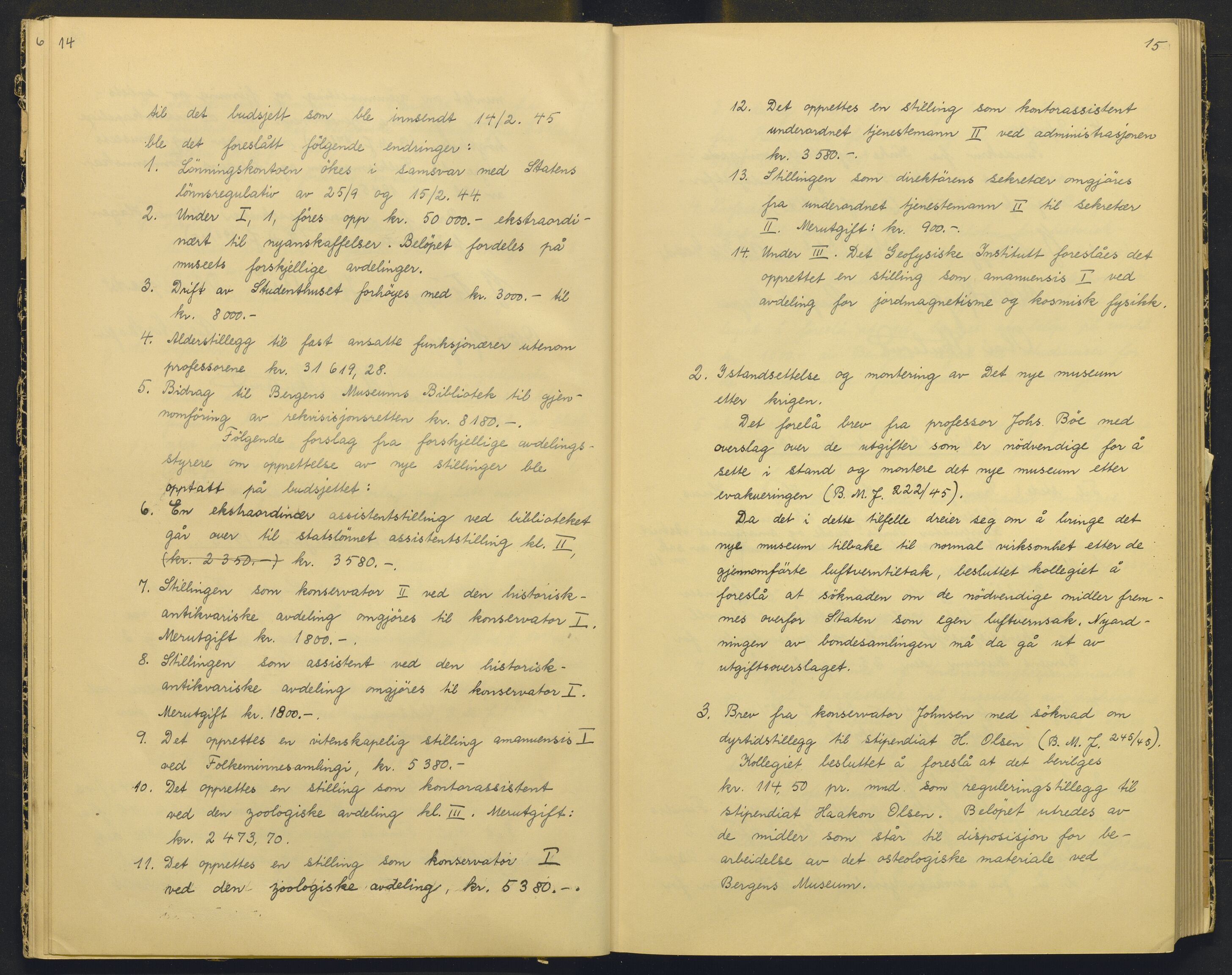 Bergens Museum, AV/SAB-A-17301/18/A/L0004: Professorkollegiets møtebok med register , 1945-1949, s. 14-15