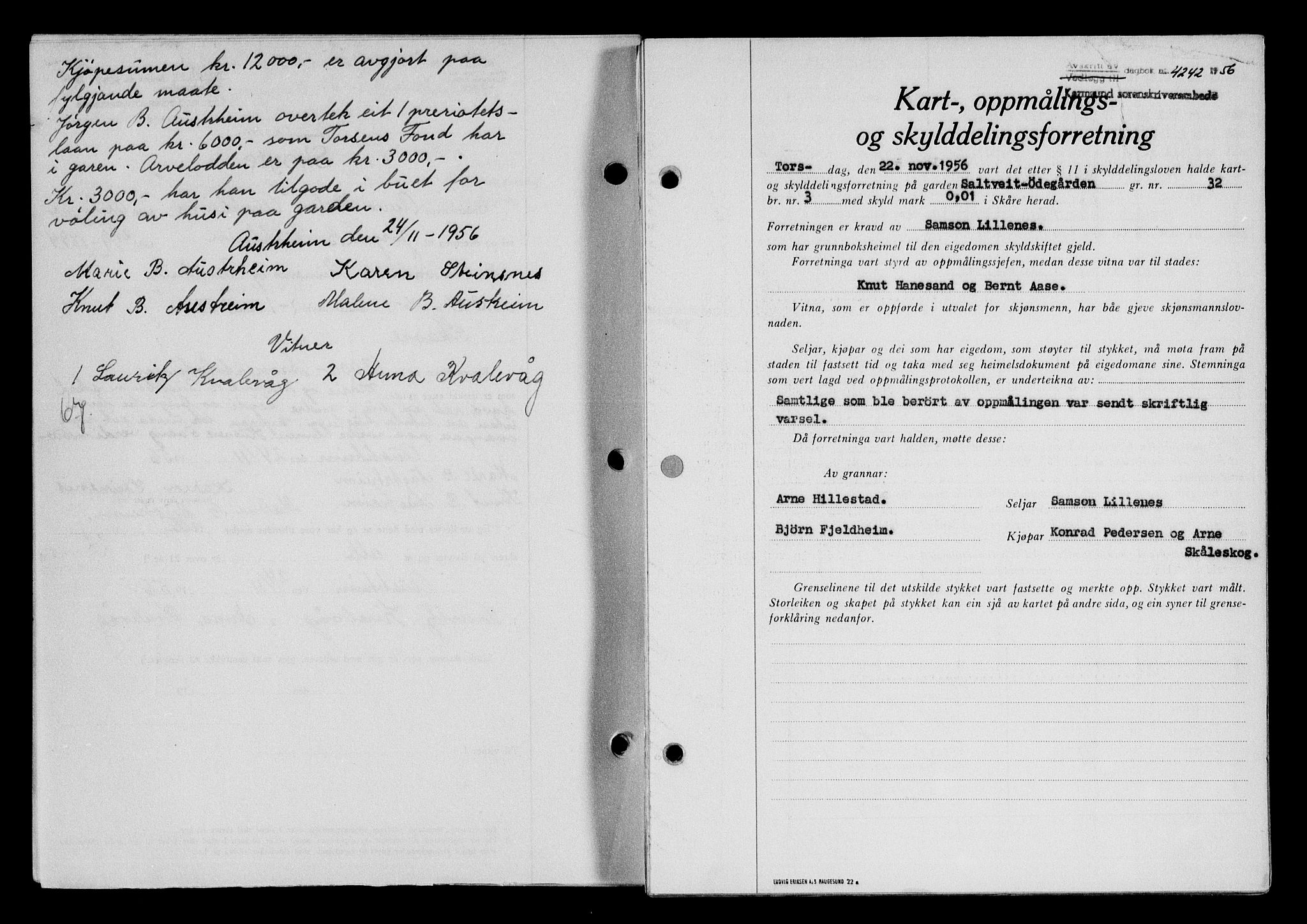 Karmsund sorenskriveri, SAST/A-100311/01/II/IIB/L0122: Pantebok nr. 102A, 1956-1956, Dagboknr: 4242/1956