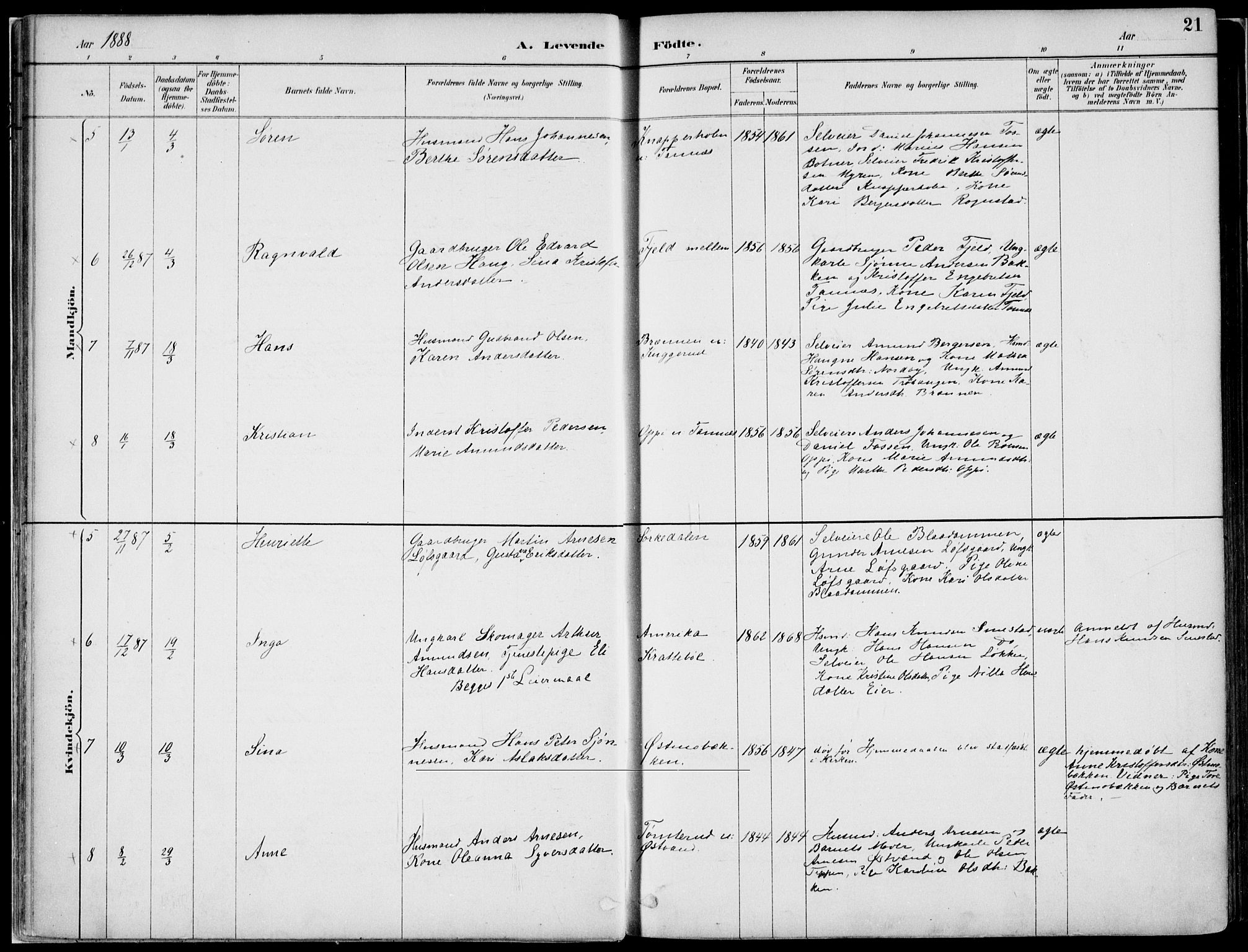 Nord-Odal prestekontor, AV/SAH-PREST-032/H/Ha/Haa/L0008: Ministerialbok nr. 8, 1886-1901, s. 21