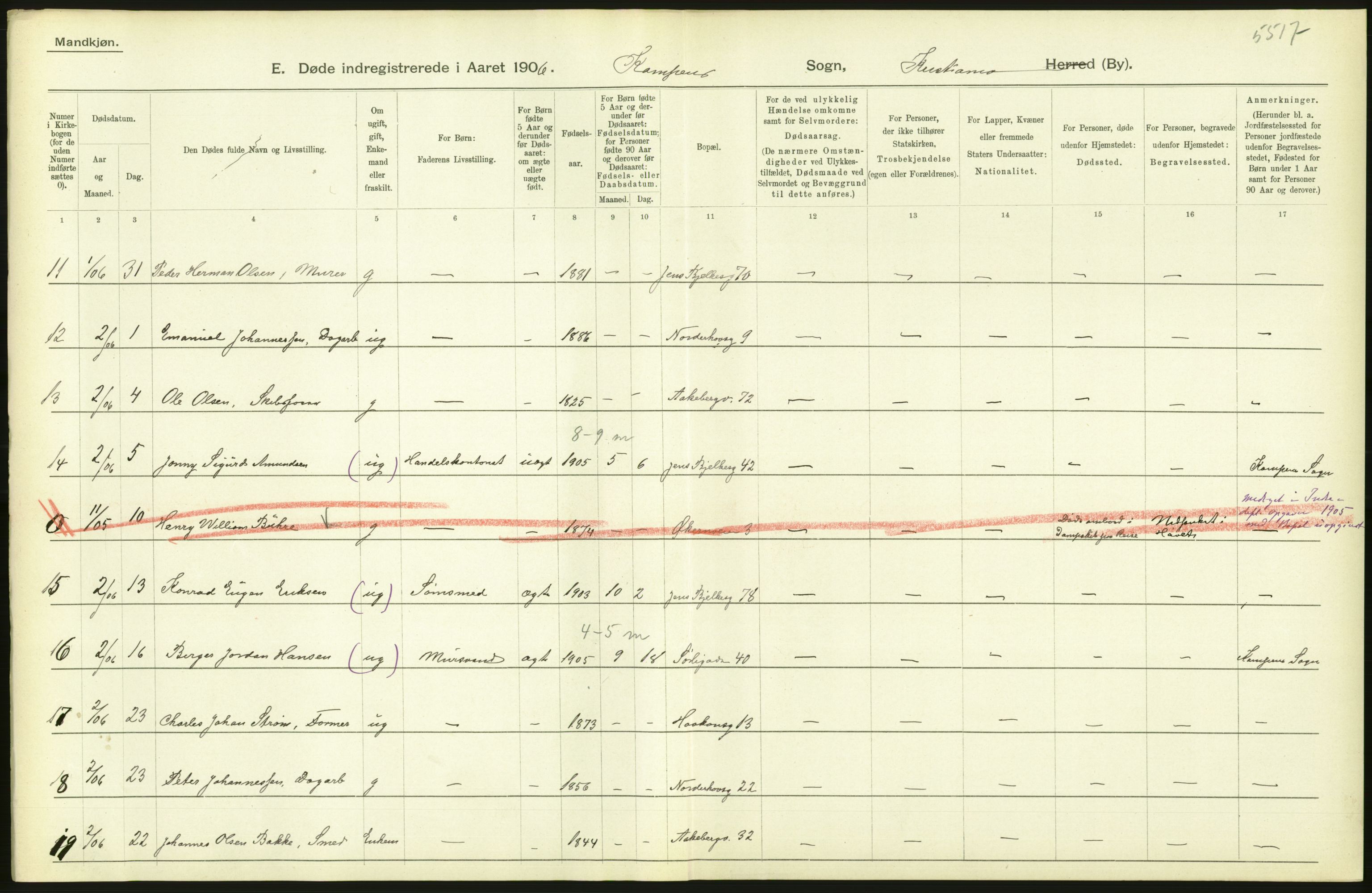 Statistisk sentralbyrå, Sosiodemografiske emner, Befolkning, RA/S-2228/D/Df/Dfa/Dfad/L0009: Kristiania: Døde, 1906, s. 174