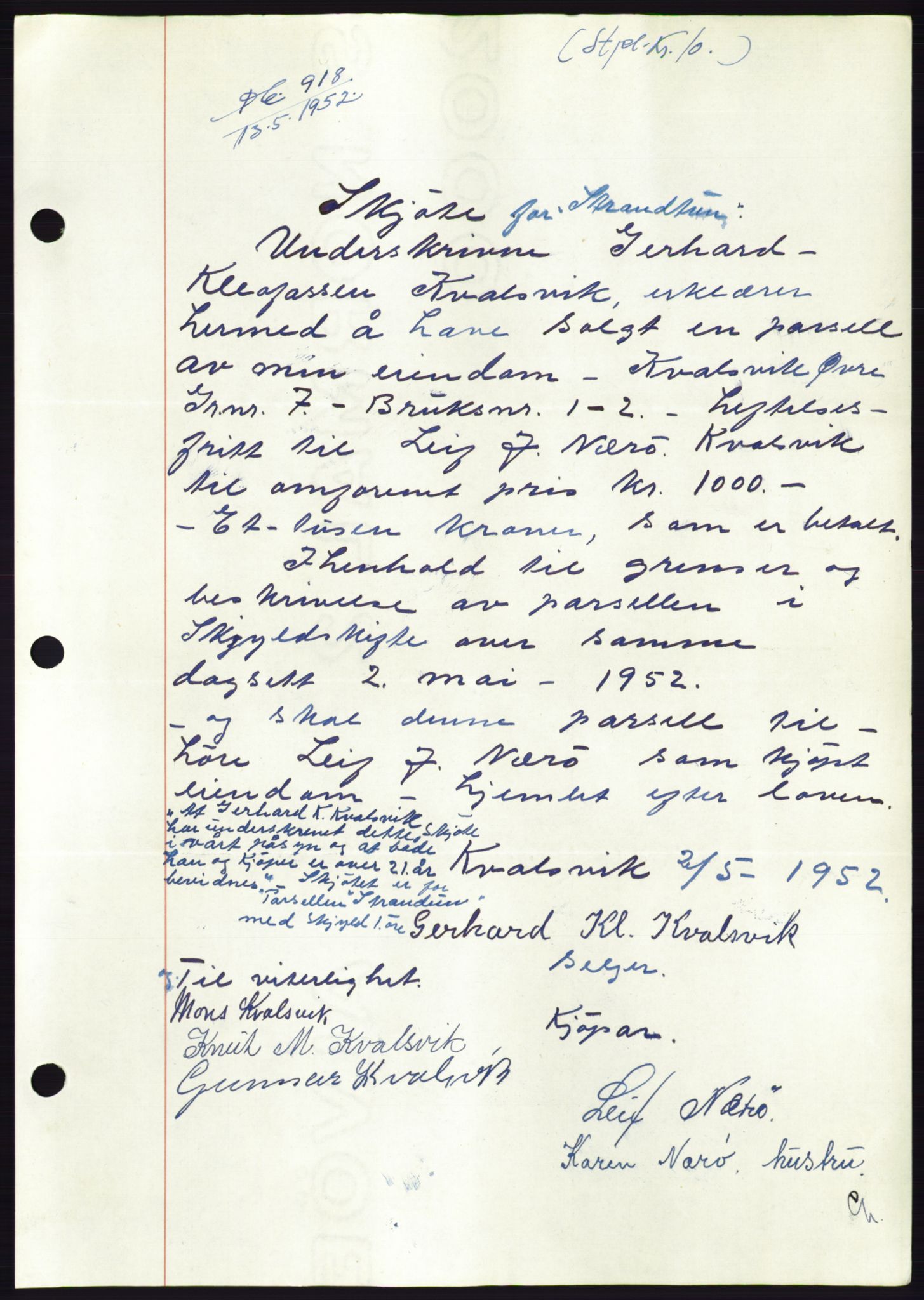 Søre Sunnmøre sorenskriveri, AV/SAT-A-4122/1/2/2C/L0092: Pantebok nr. 18A, 1952-1952, Dagboknr: 918/1952