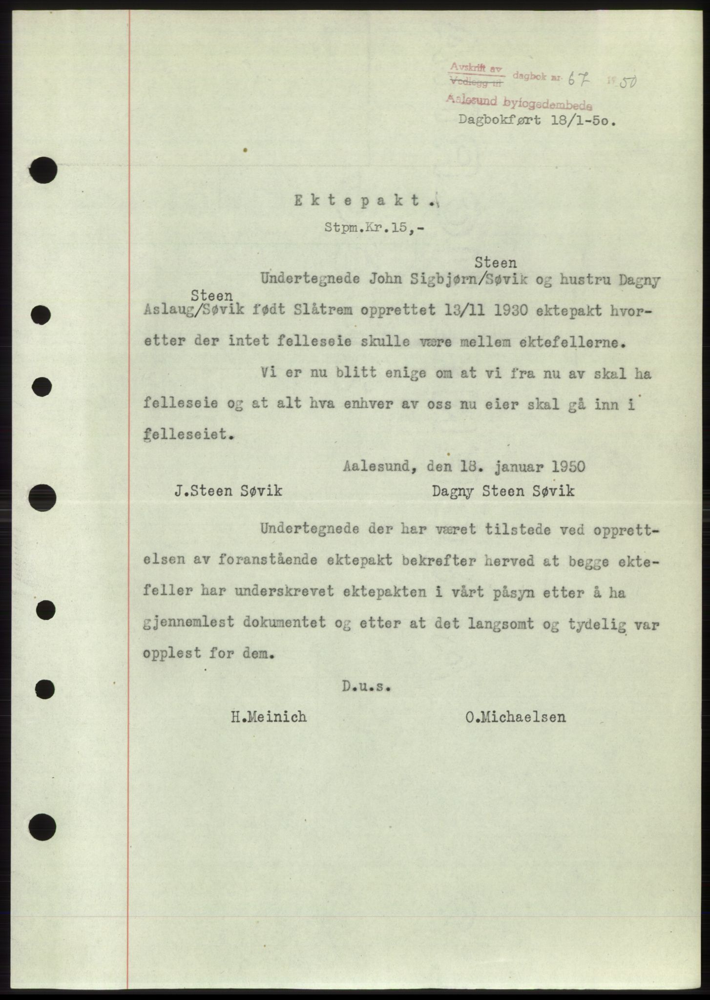 Ålesund byfogd, AV/SAT-A-4384: Pantebok nr. B36-38, 1948-1950, Dagboknr: 67/1950