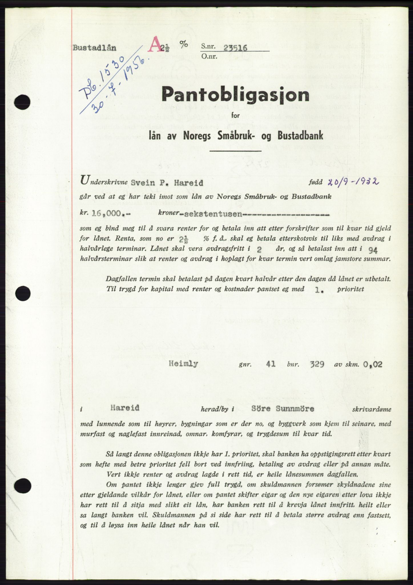 Søre Sunnmøre sorenskriveri, SAT/A-4122/1/2/2C/L0128: Pantebok nr. 16B, 1956-1956, Dagboknr: 1530/1956