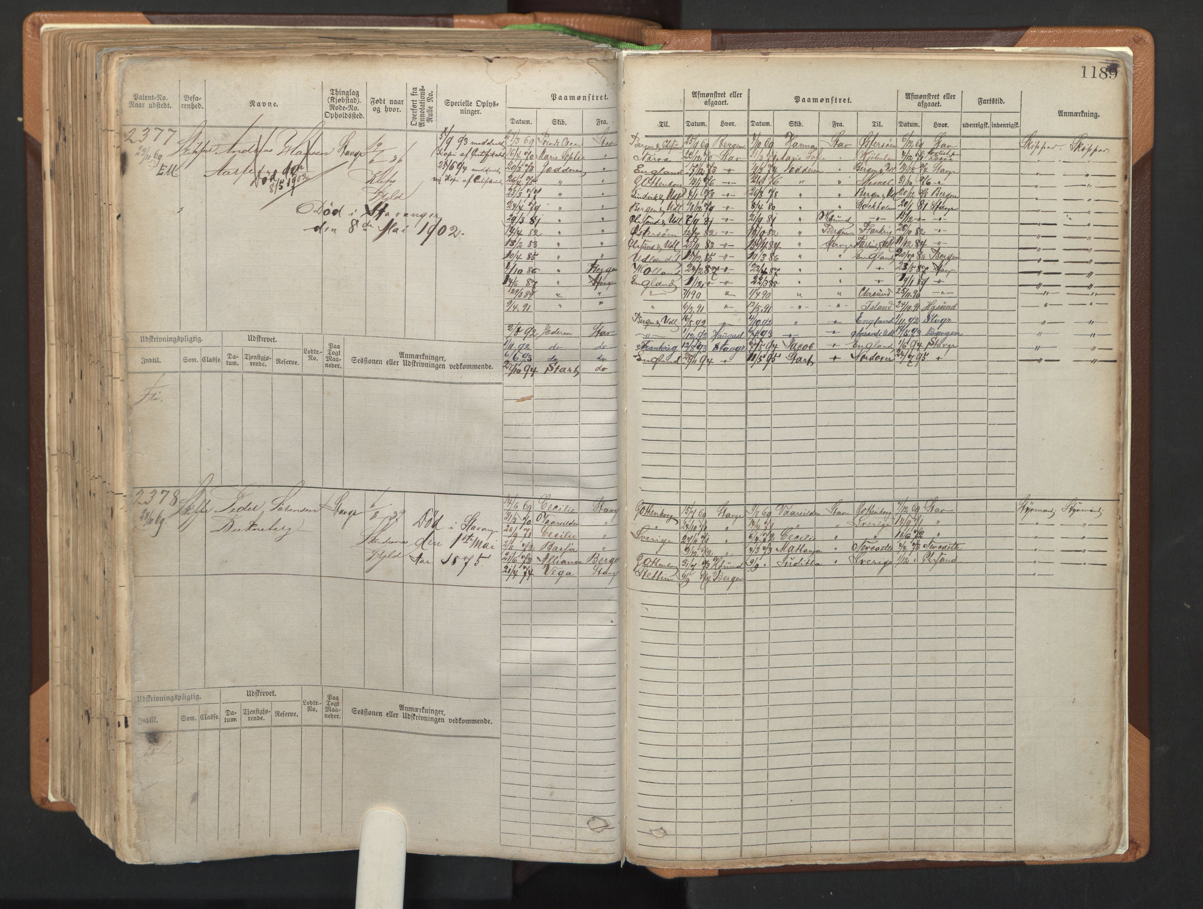 Stavanger sjømannskontor, AV/SAST-A-102006/F/Fb/Fbb/L0006: Sjøfartshovedrulle, patentnr. 1607-2402 (del 3), 1869-1880, s. 389