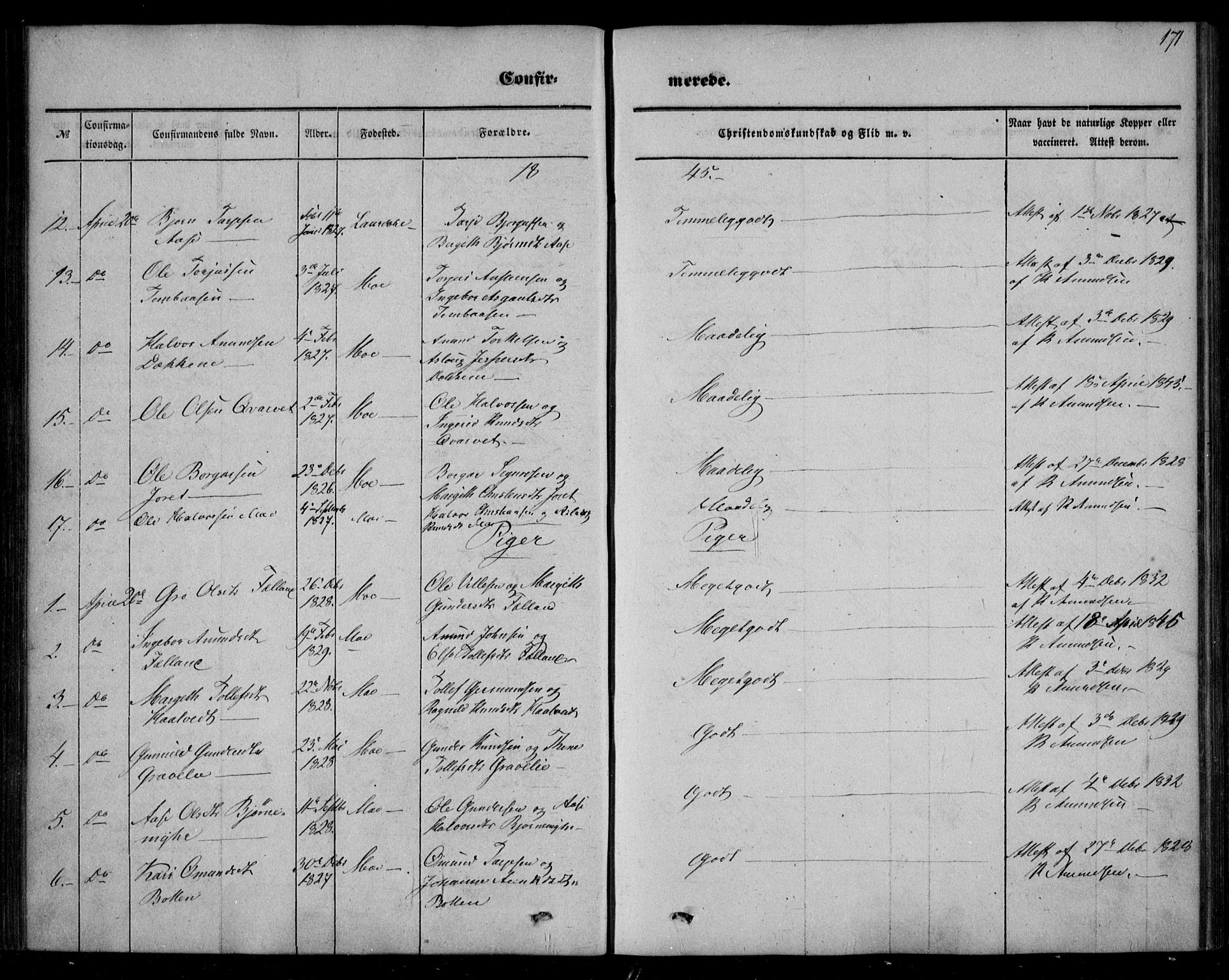 Mo kirkebøker, AV/SAKO-A-286/F/Fa/L0005: Ministerialbok nr. I 5, 1844-1864, s. 171