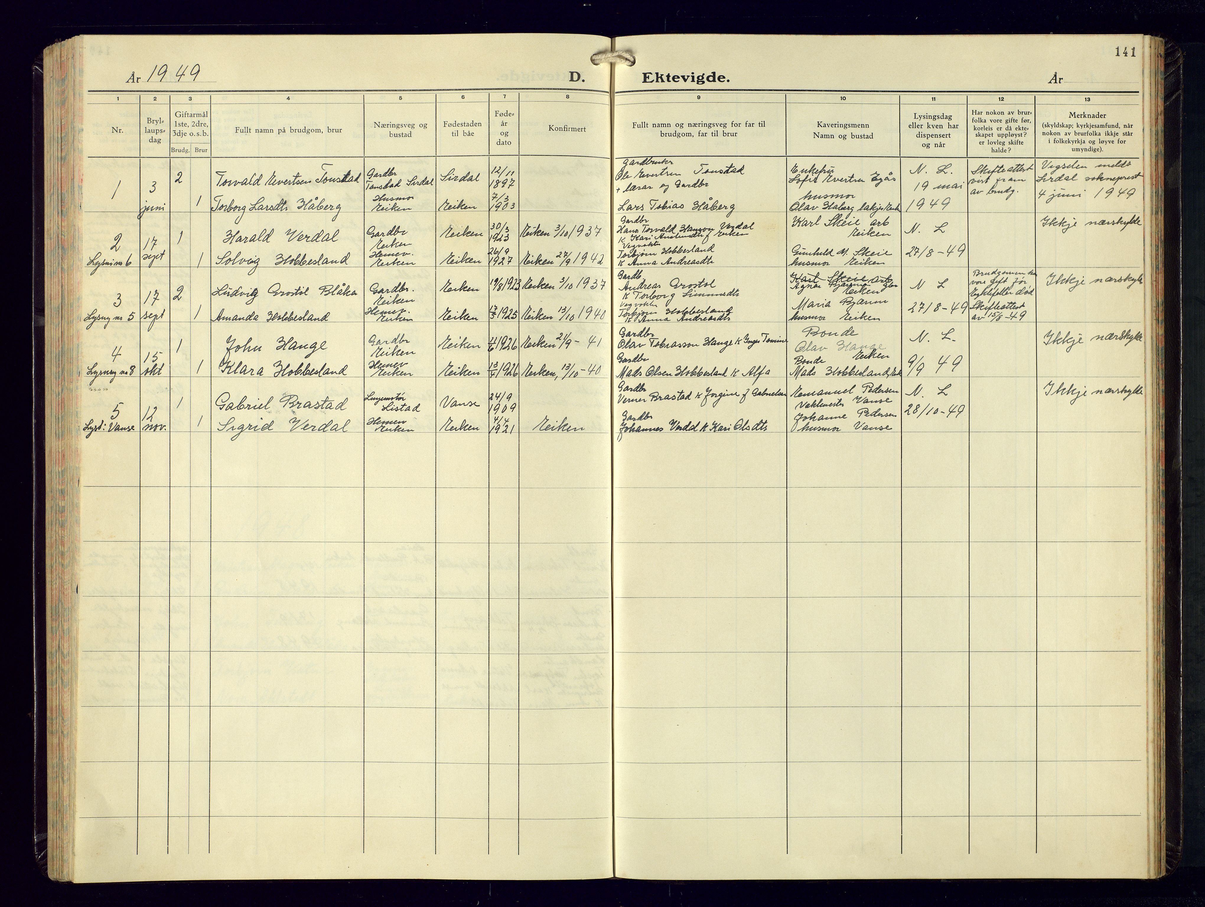 Hægebostad sokneprestkontor, SAK/1111-0024/F/Fb/Fbb/L0004: Klokkerbok nr. B-4, 1938-1976, s. 141