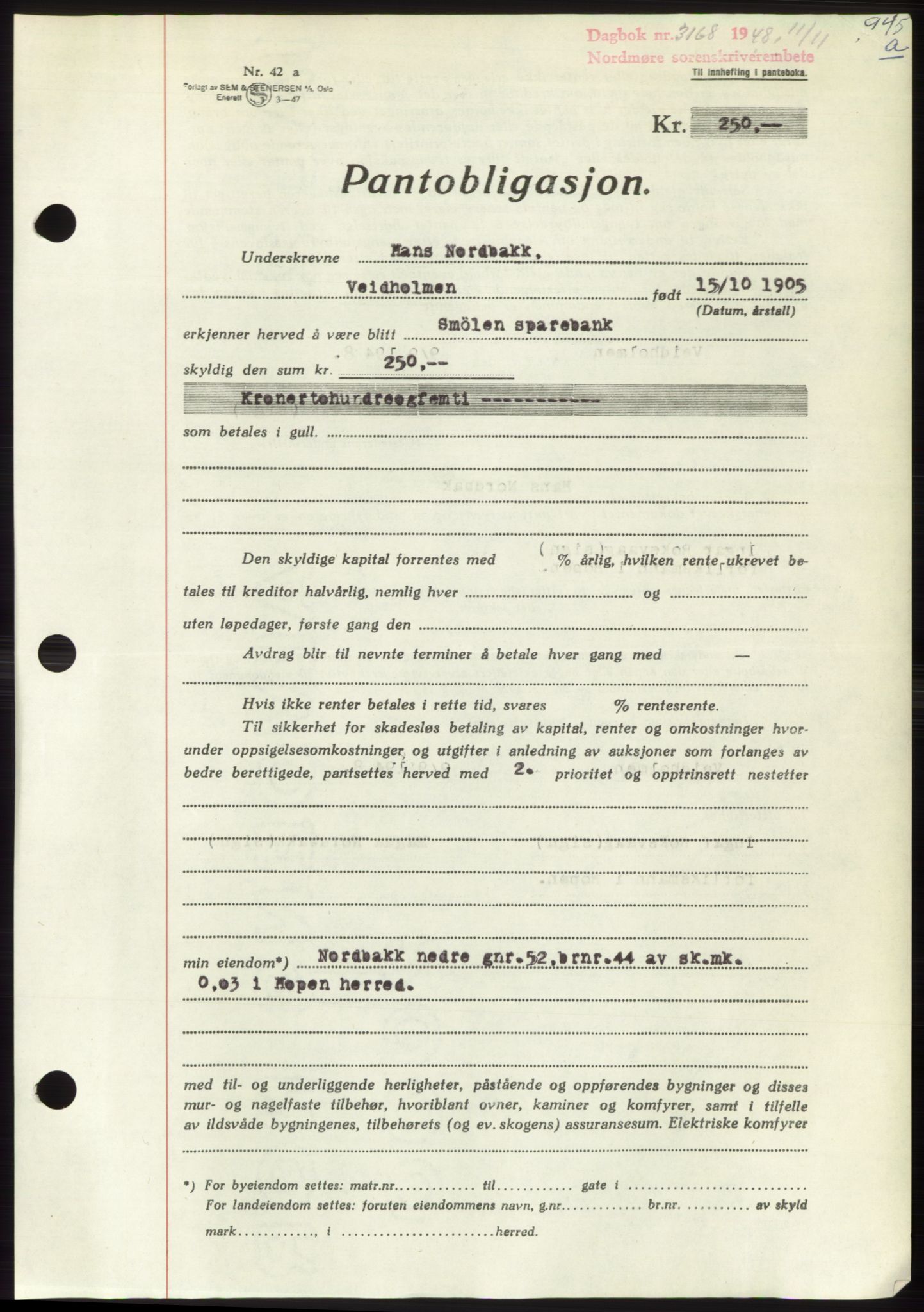 Nordmøre sorenskriveri, SAT/A-4132/1/2/2Ca: Pantebok nr. B99, 1948-1948, Dagboknr: 3168/1948