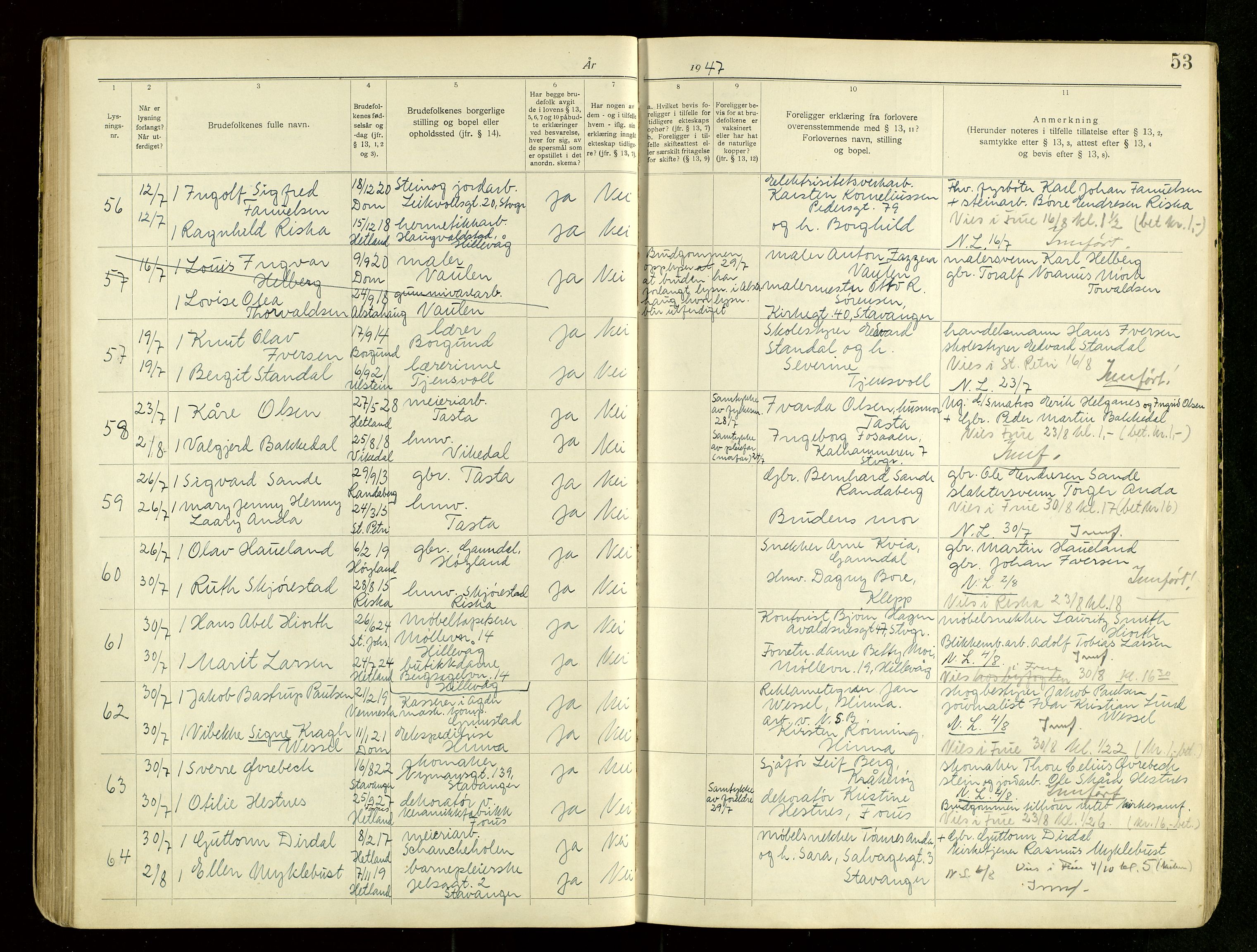 Hetland sokneprestkontor, AV/SAST-A-101826/70/705BA/L0007: Lysningsprotokoll nr. 7, 1939-1951, s. 53