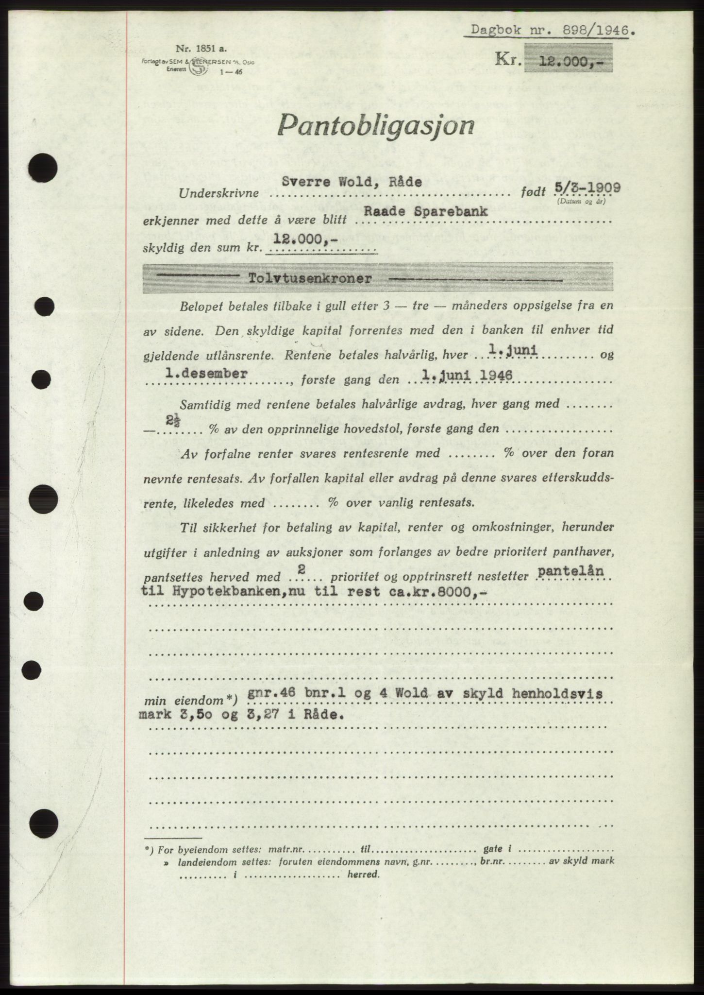 Moss sorenskriveri, SAO/A-10168: Pantebok nr. B15, 1946-1946, Dagboknr: 898/1946