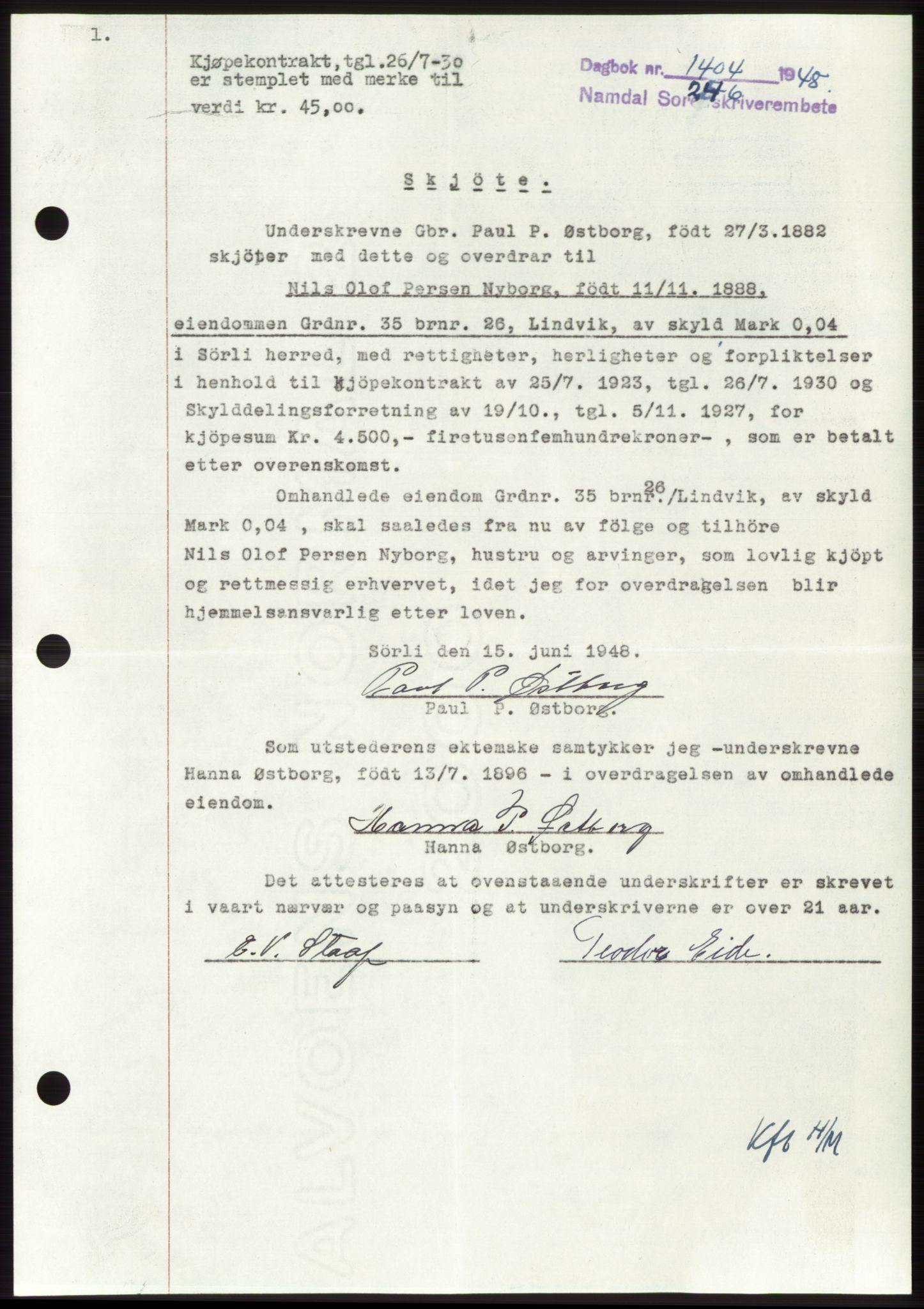 Namdal sorenskriveri, SAT/A-4133/1/2/2C: Pantebok nr. -, 1948-1948, Dagboknr: 1404/1948
