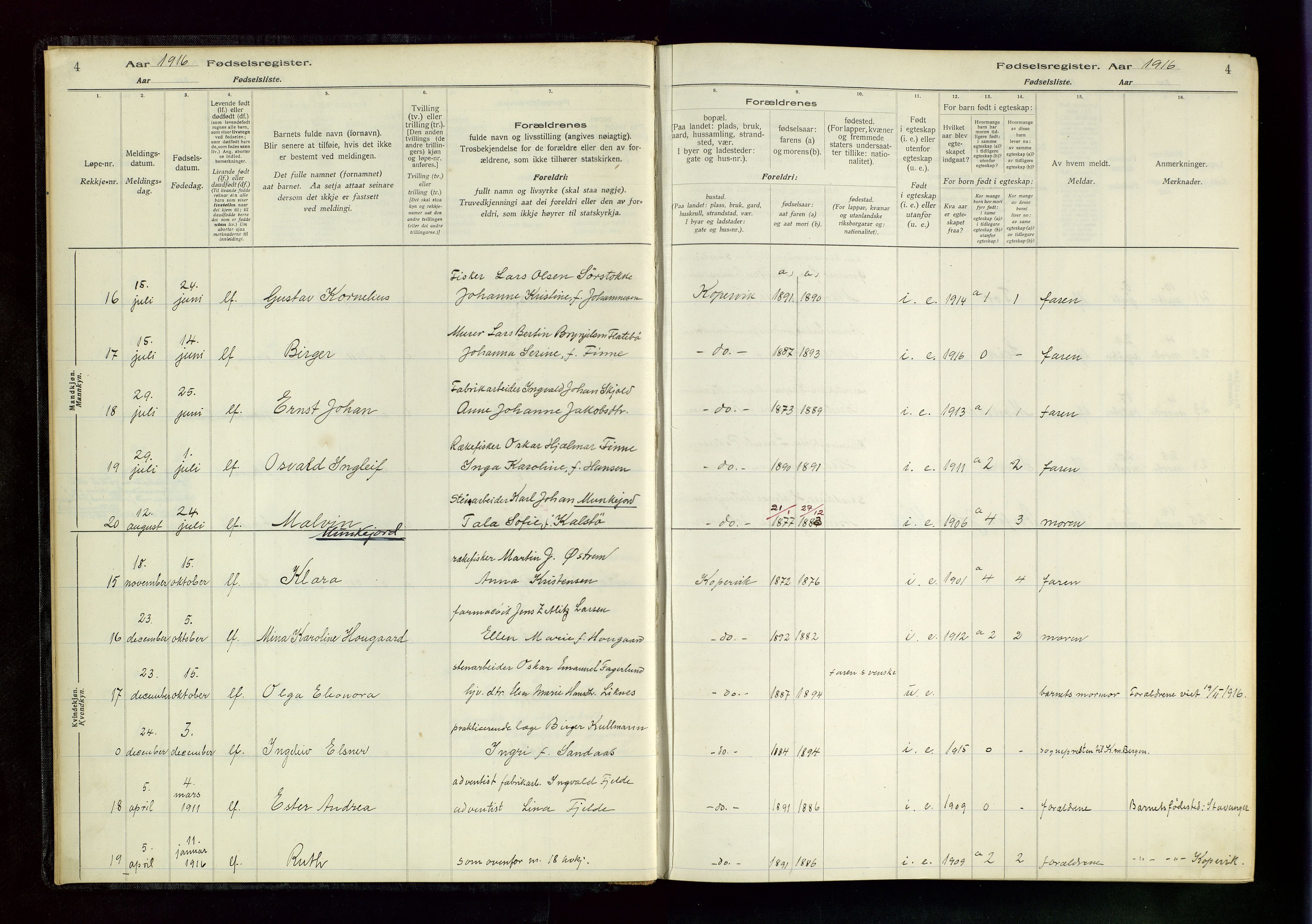 Kopervik sokneprestkontor, AV/SAST-A-101850/I/Id/L0001: Fødselsregister nr. 1, 1916-1952, s. 4