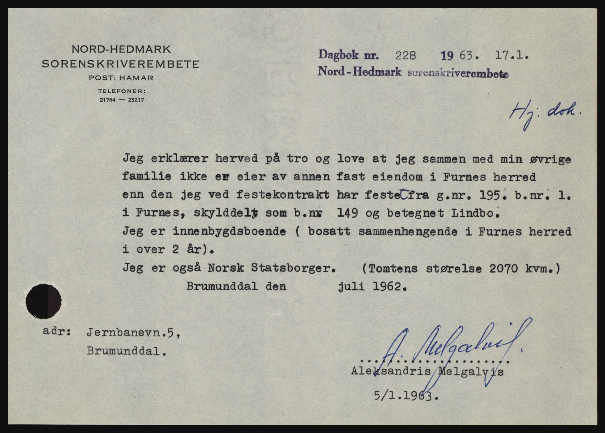 Nord-Hedmark sorenskriveri, SAH/TING-012/H/Hc/L0017: Pantebok nr. 17, 1962-1963, Dagboknr: 228/1963
