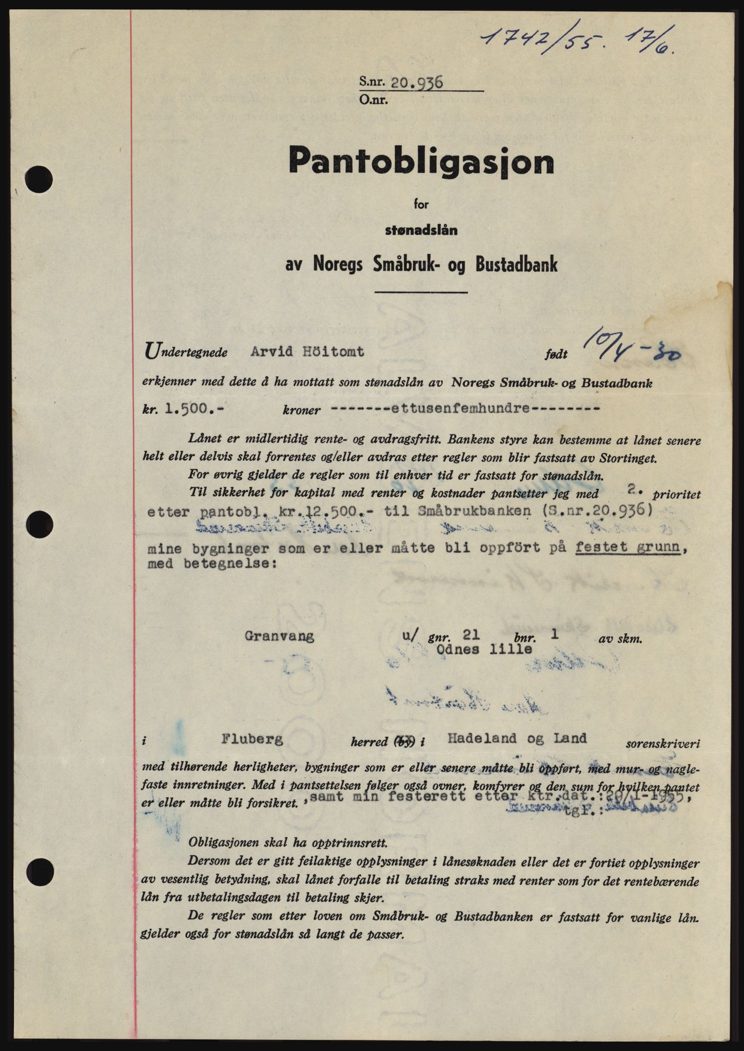 Hadeland og Land tingrett, SAH/TING-010/H/Hb/Hbc/L0032: Pantebok nr. B32, 1955-1955, Dagboknr: 1742/1955