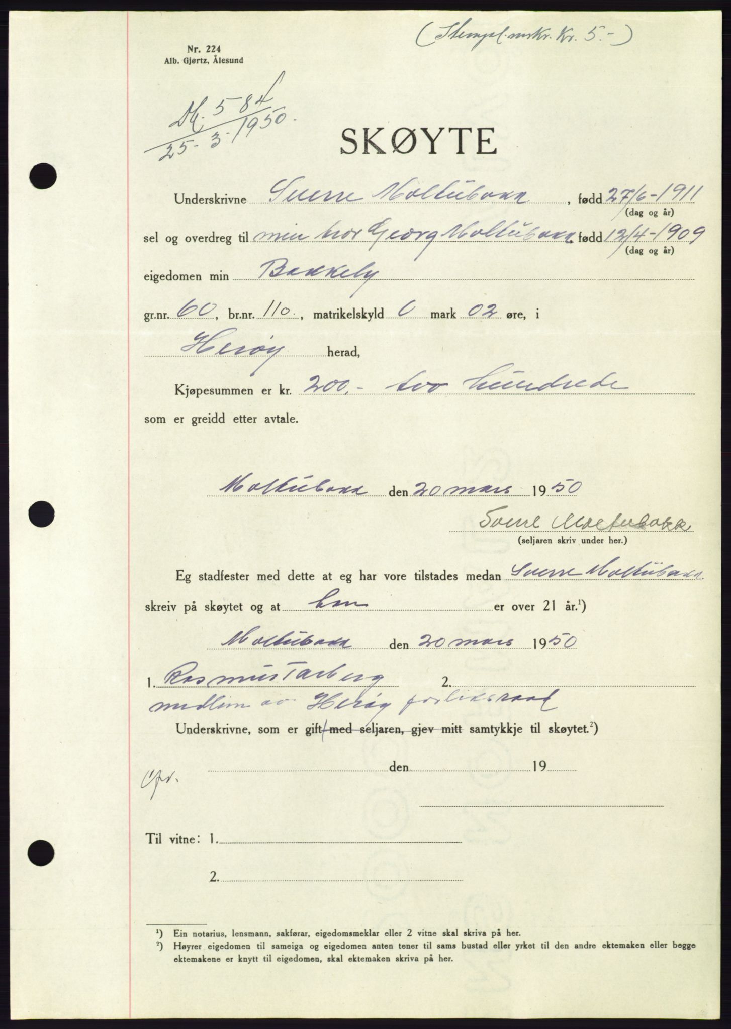 Søre Sunnmøre sorenskriveri, SAT/A-4122/1/2/2C/L0086: Pantebok nr. 12A, 1949-1950, Dagboknr: 584/1950