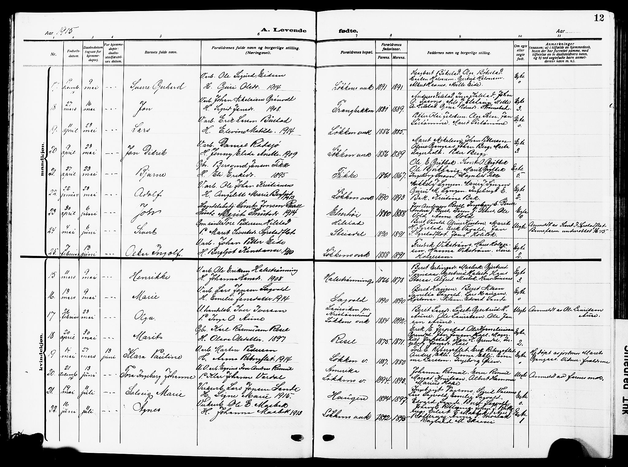 Ministerialprotokoller, klokkerbøker og fødselsregistre - Sør-Trøndelag, AV/SAT-A-1456/672/L0865: Klokkerbok nr. 672C04, 1914-1928, s. 12