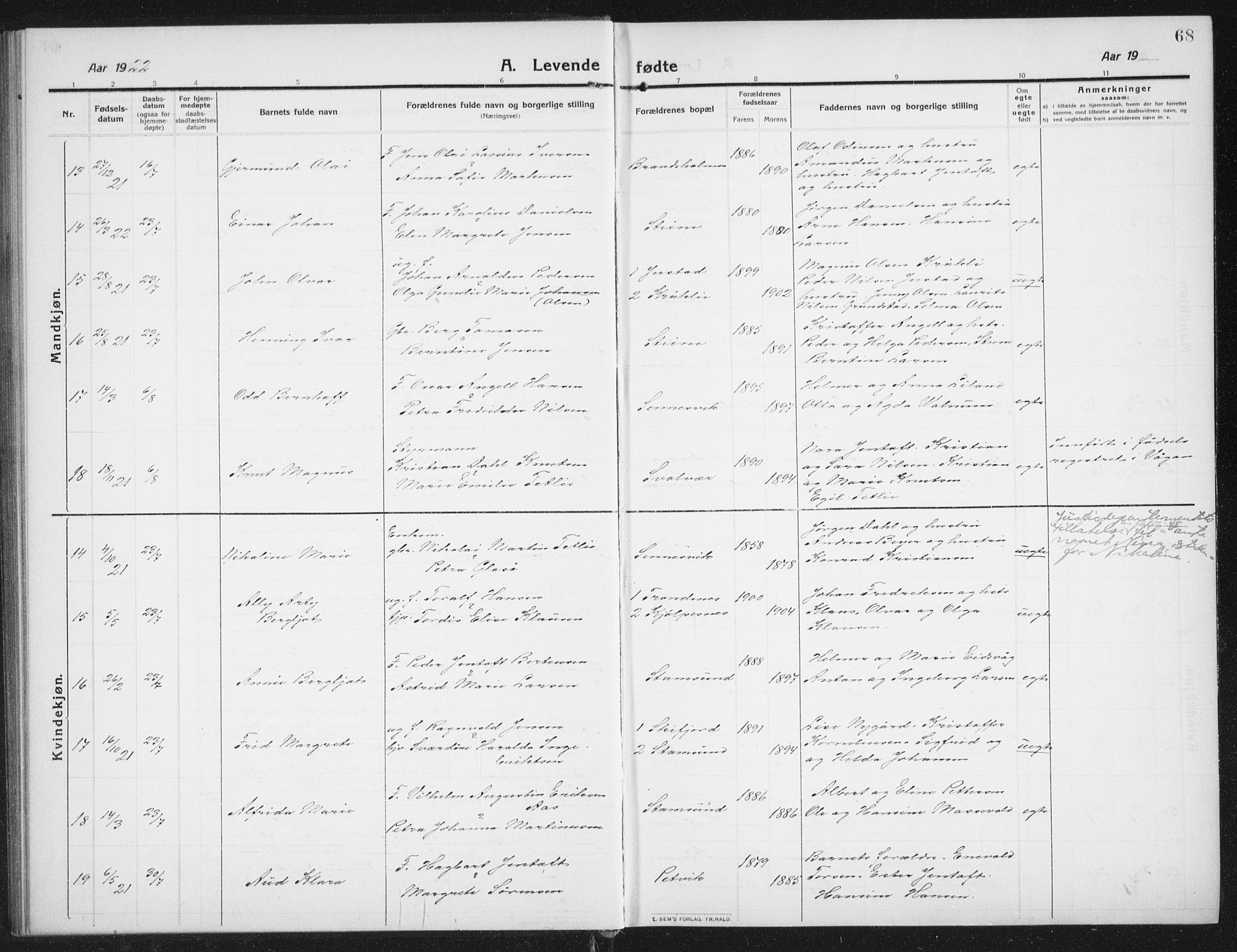 Ministerialprotokoller, klokkerbøker og fødselsregistre - Nordland, AV/SAT-A-1459/882/L1183: Klokkerbok nr. 882C01, 1911-1938, s. 68