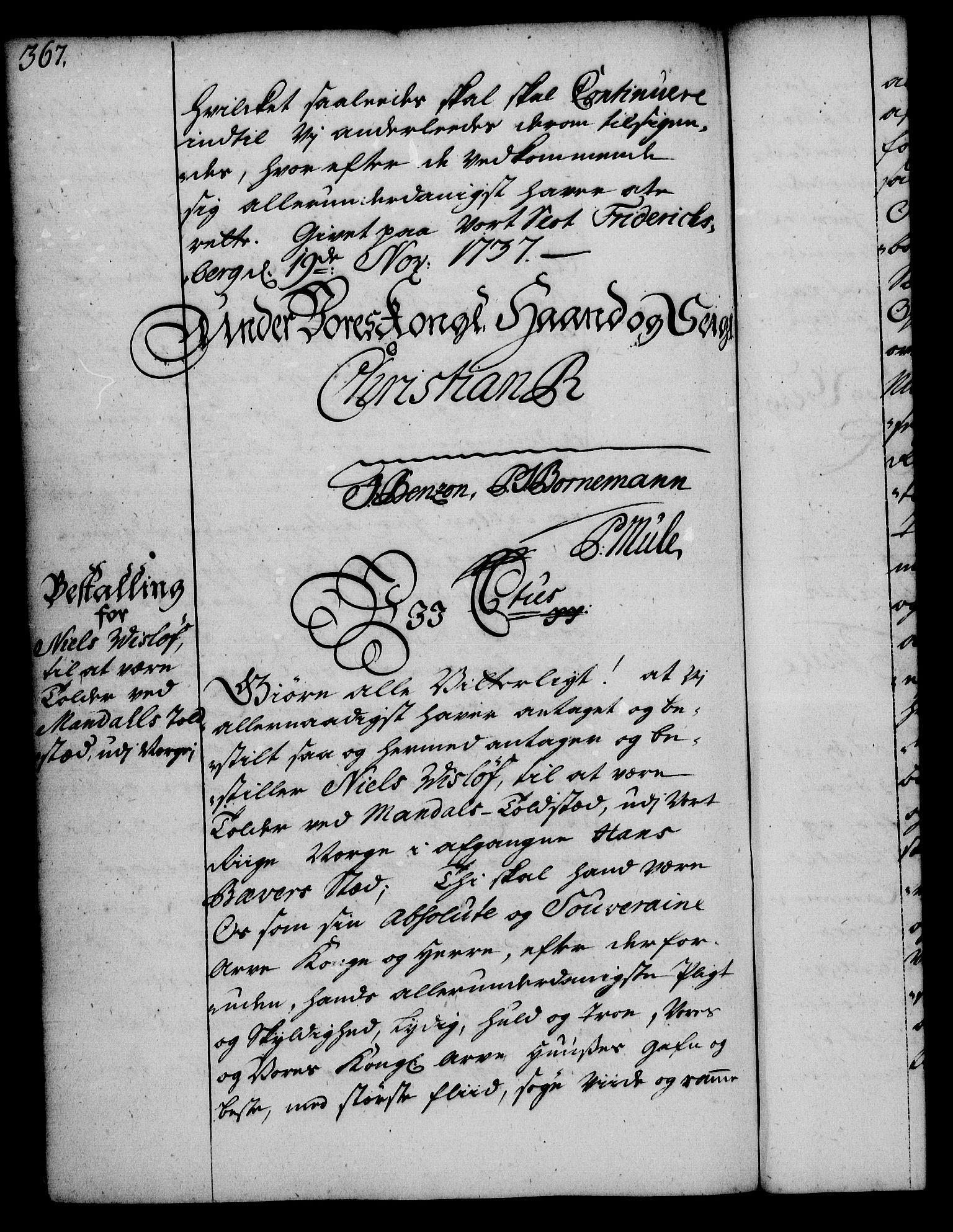 Rentekammeret, Kammerkanselliet, RA/EA-3111/G/Gg/Gge/L0002: Norsk bestallingsprotokoll med register (merket RK 53.26), 1730-1744, s. 367