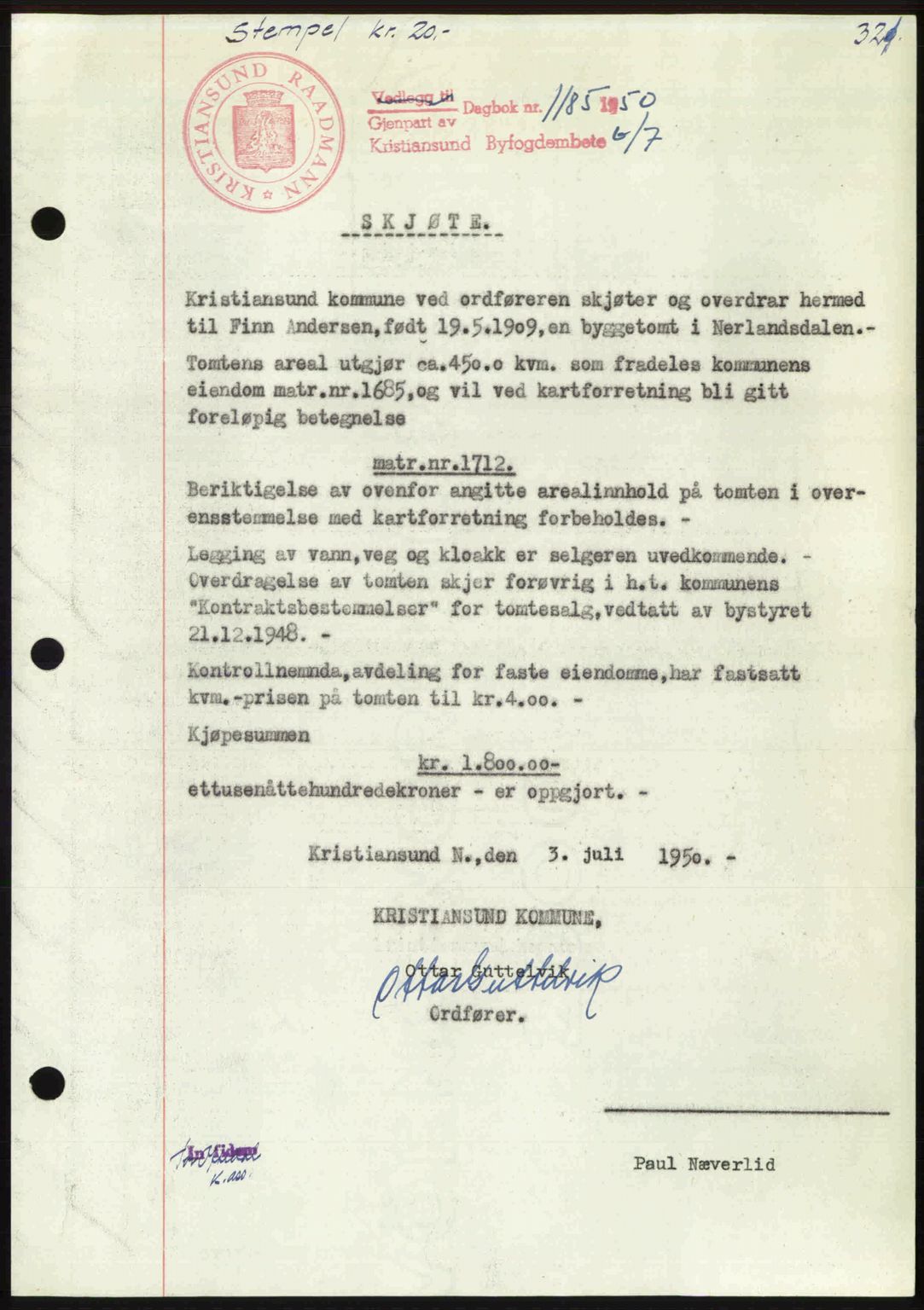 Kristiansund byfogd, AV/SAT-A-4587/A/27: Pantebok nr. 46, 1949-1950, Dagboknr: 1185/1950
