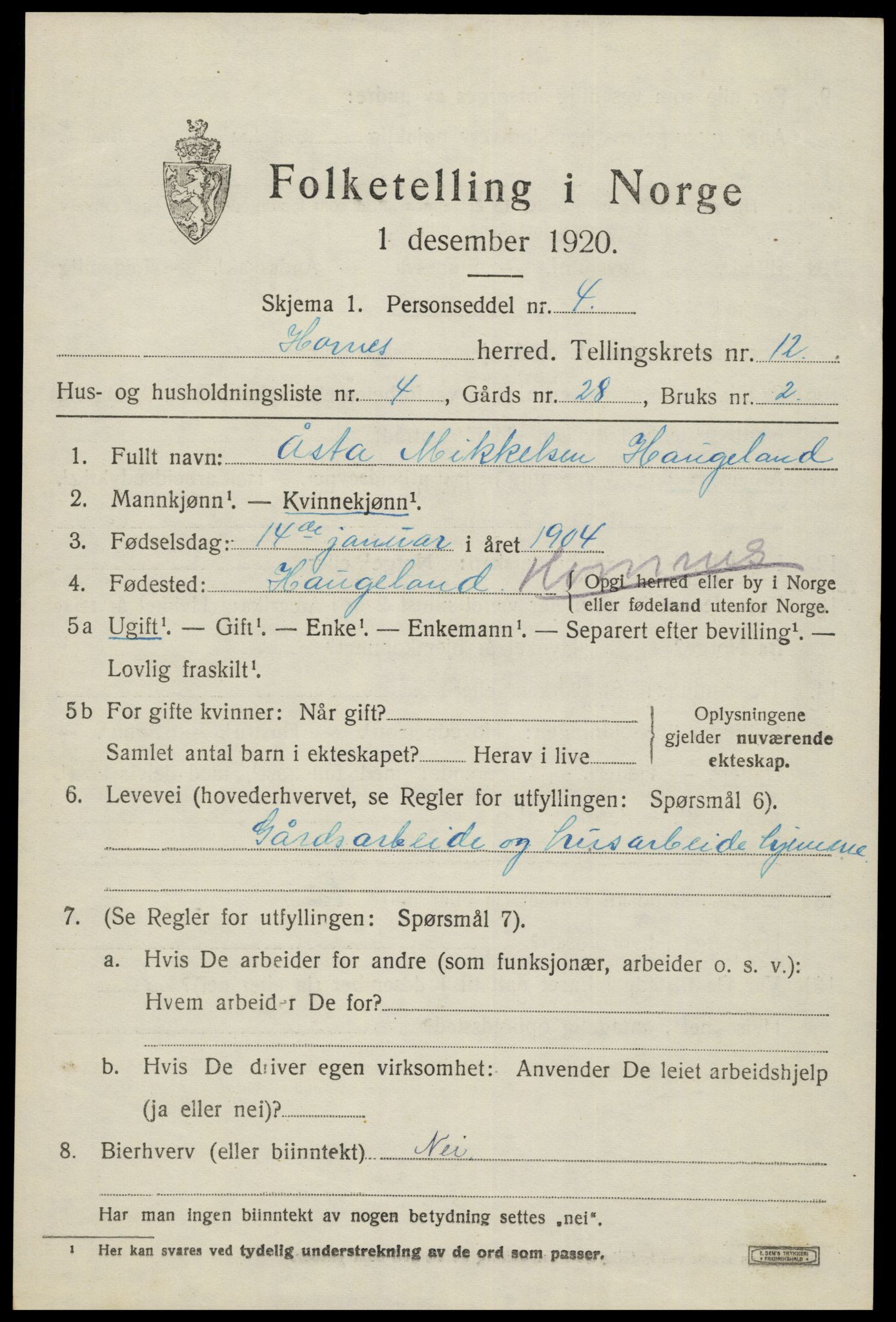 SAK, Folketelling 1920 for 0936 Hornnes herred, 1920, s. 2913