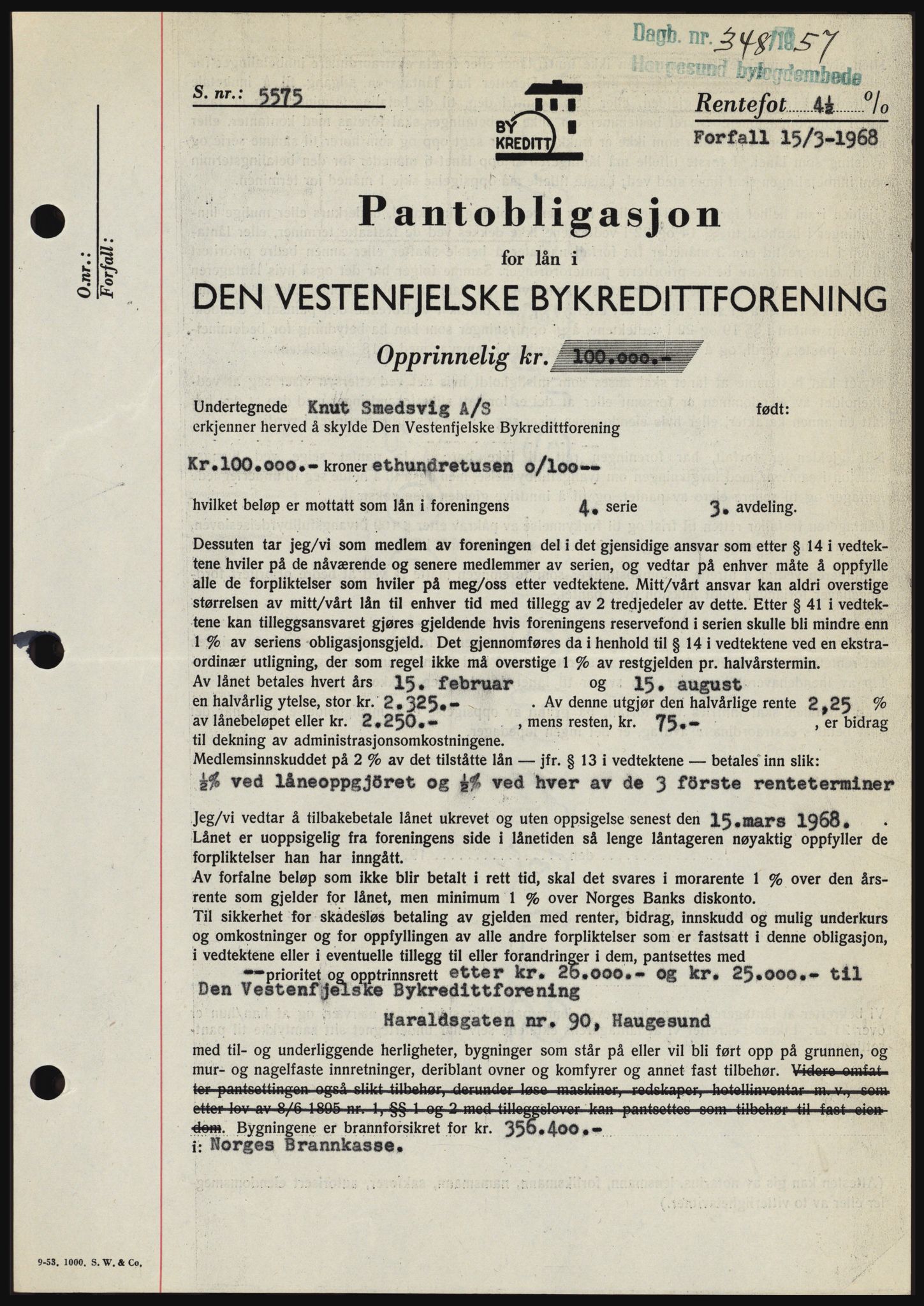 Haugesund tingrett, SAST/A-101415/01/II/IIC/L0042: Pantebok nr. B 42, 1956-1957, Dagboknr: 348/1957
