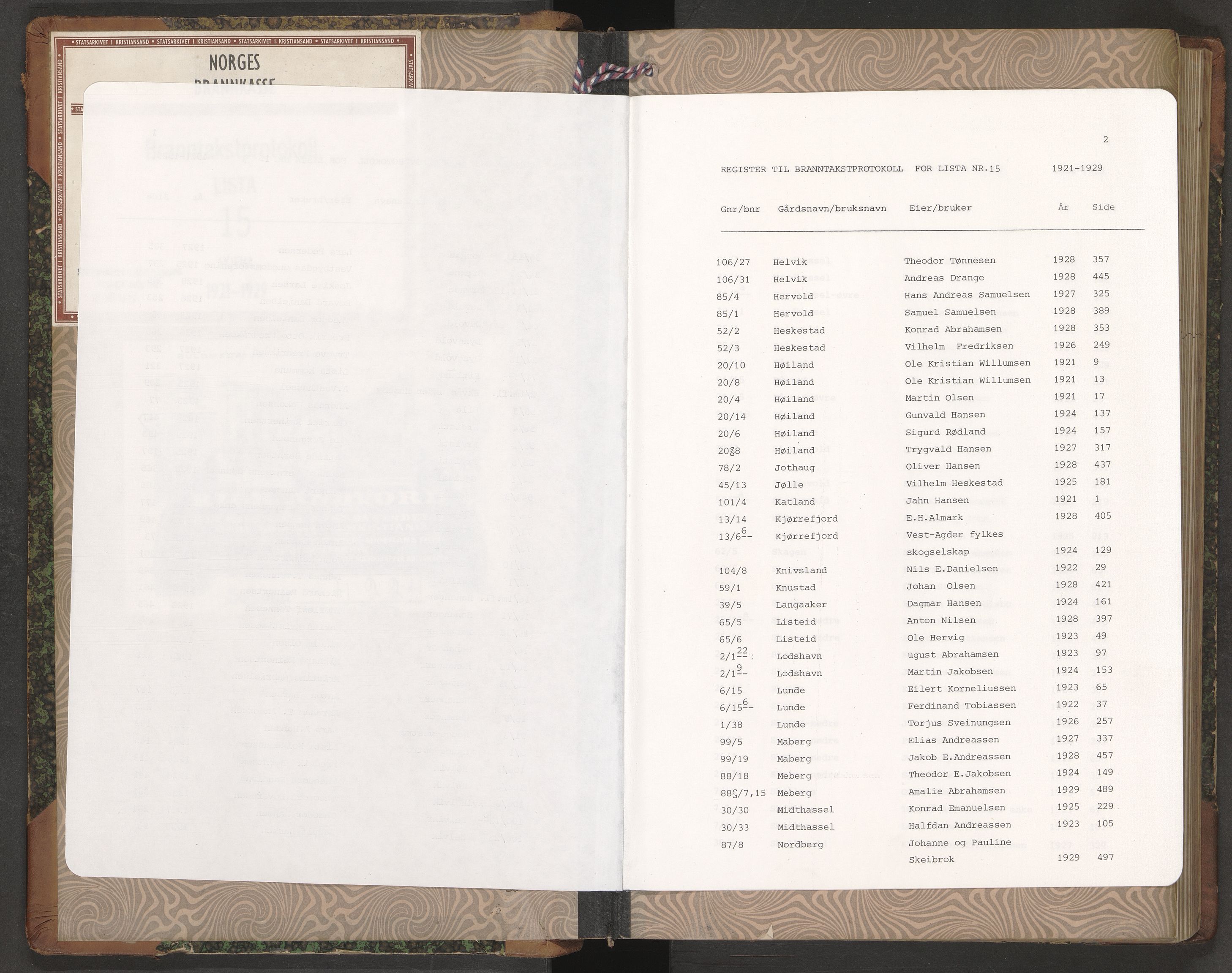 Norges Brannkasse Lista, AV/SAK-2241-0035/F/Fa/L0015: Branntakstprotokoll nr. 15 med gårdsnavnregister, 1921-1929