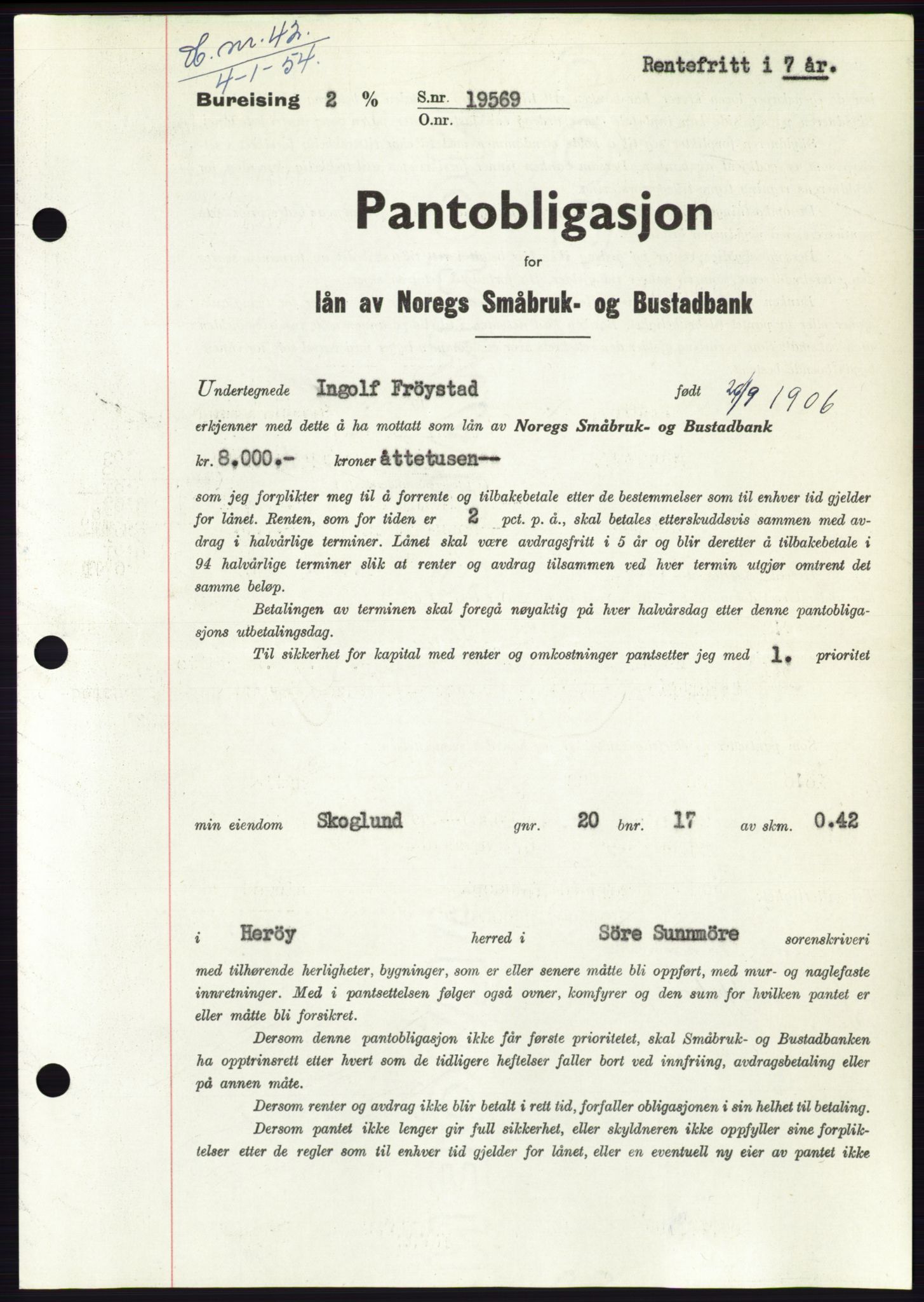 Søre Sunnmøre sorenskriveri, AV/SAT-A-4122/1/2/2C/L0124: Pantebok nr. 12B, 1953-1954, Dagboknr: 42/1954