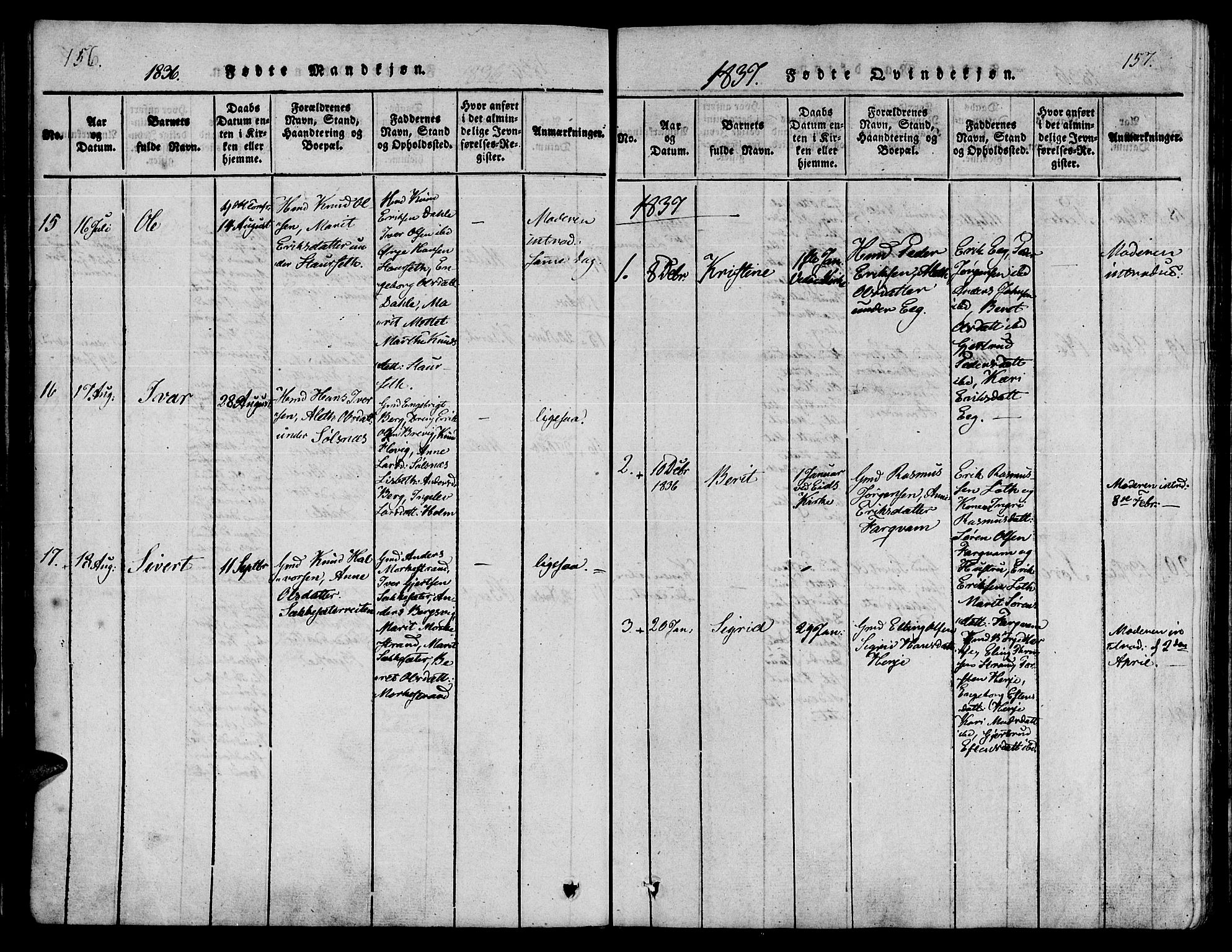 Ministerialprotokoller, klokkerbøker og fødselsregistre - Møre og Romsdal, AV/SAT-A-1454/547/L0602: Ministerialbok nr. 547A04, 1818-1845, s. 156-157