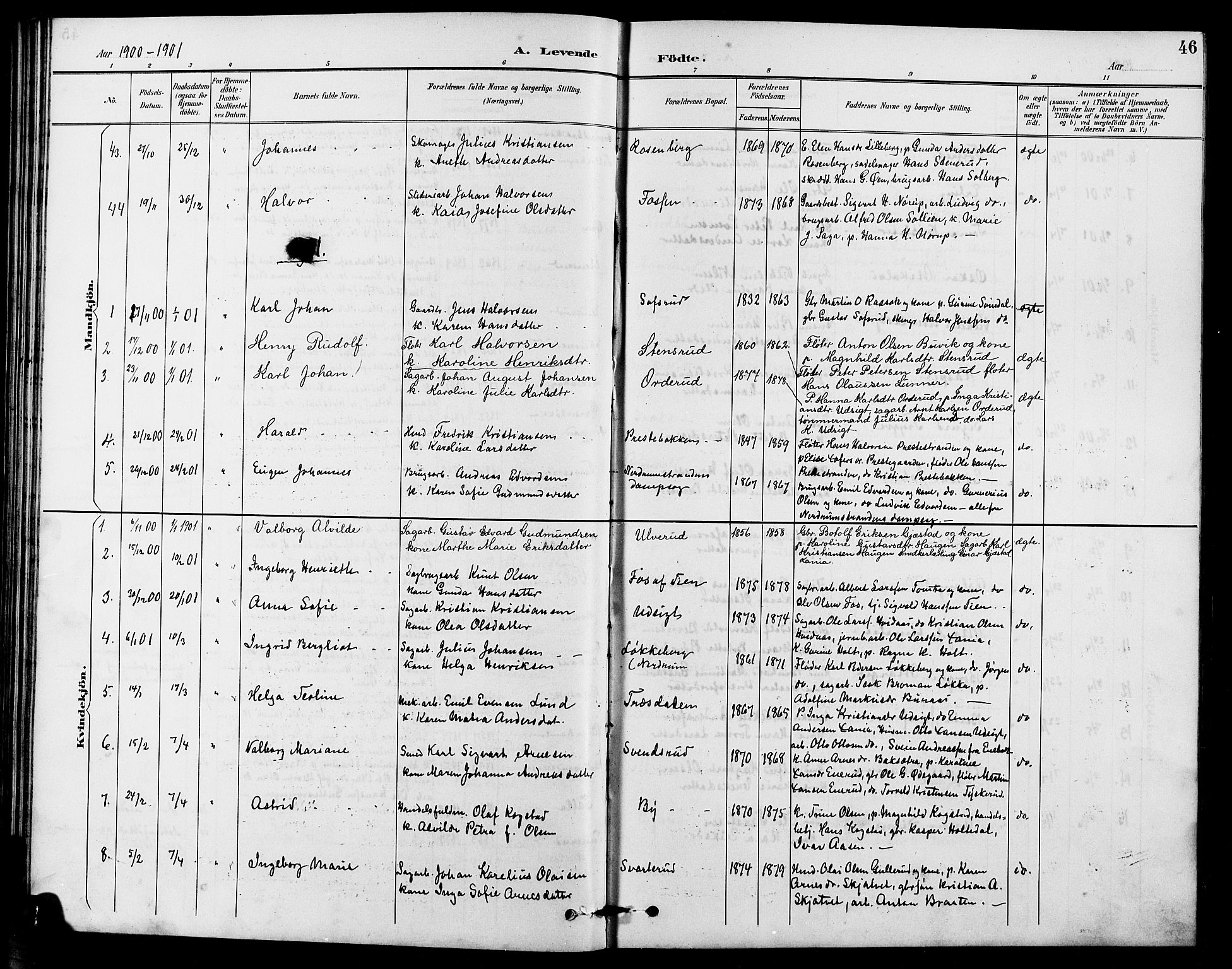 Fet prestekontor Kirkebøker, AV/SAO-A-10370a/G/Ga/L0007: Klokkerbok nr. I 7, 1892-1906, s. 46