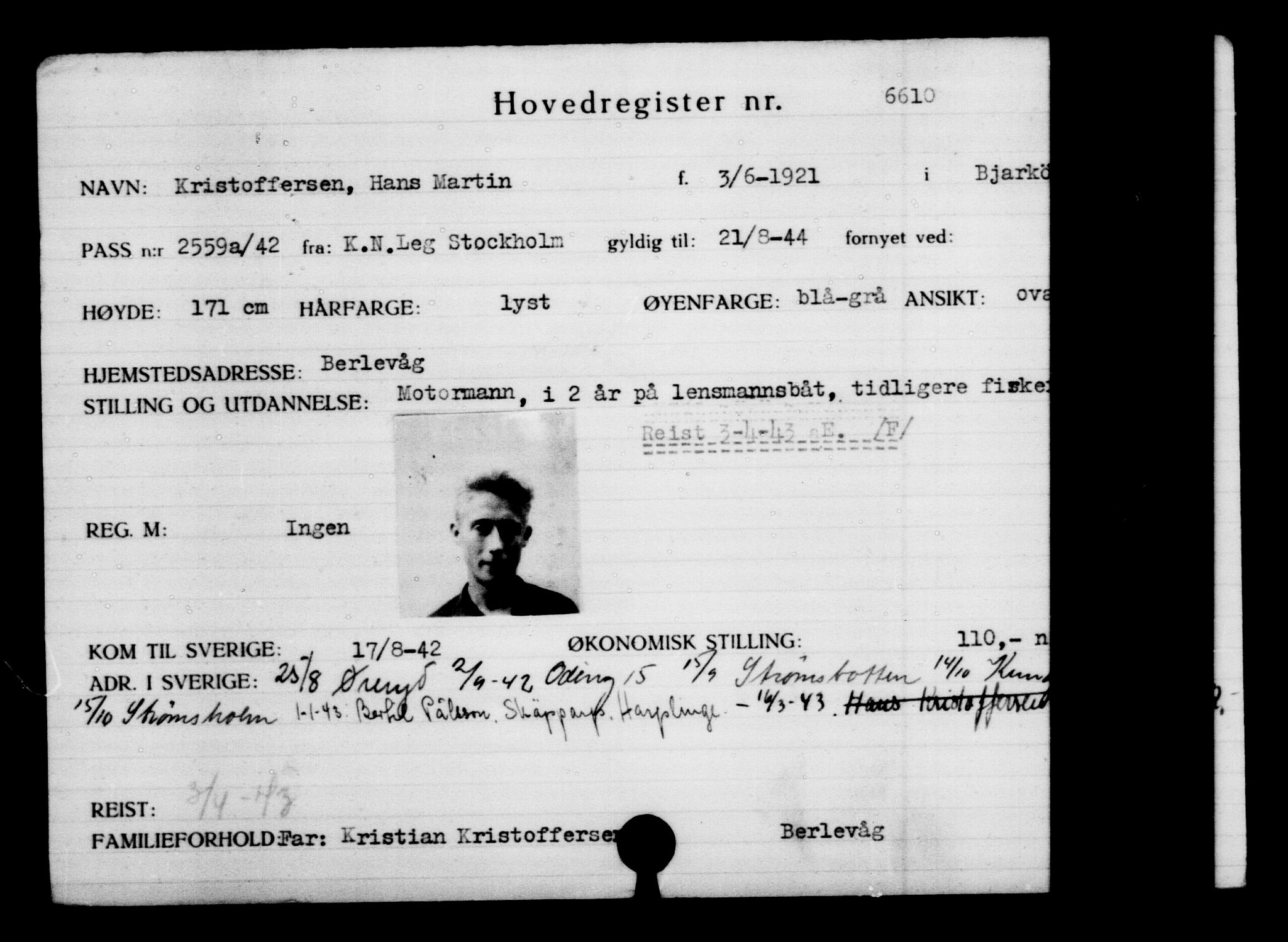 Utenriksstasjonene, Legasjonen i Stockholm, Flyktningkontoret, AV/RA-S-6753/V/Va/L0005: Kjesäterkartoteket, flyktning nr. 6600-9417, 1940-1945, s. 14