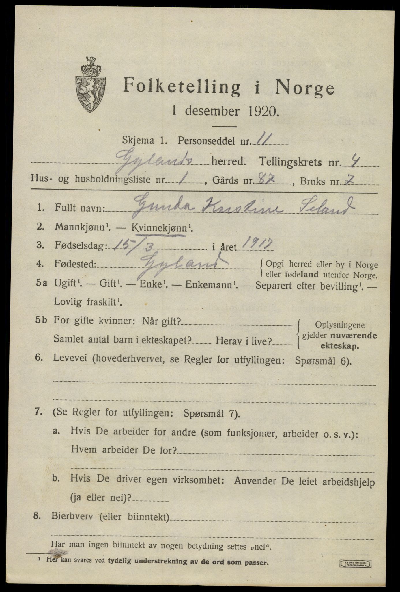 SAK, Folketelling 1920 for 1044 Gyland herred, 1920, s. 1058