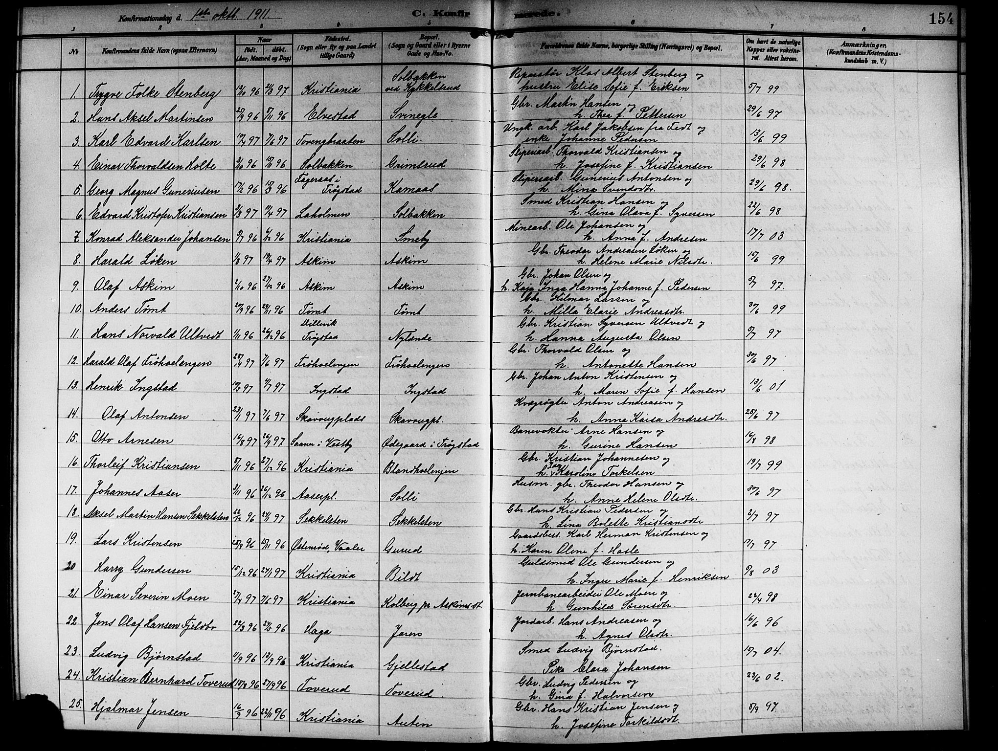 Askim prestekontor Kirkebøker, AV/SAO-A-10900/G/Ga/L0002: Klokkerbok nr. 2, 1903-1921, s. 154