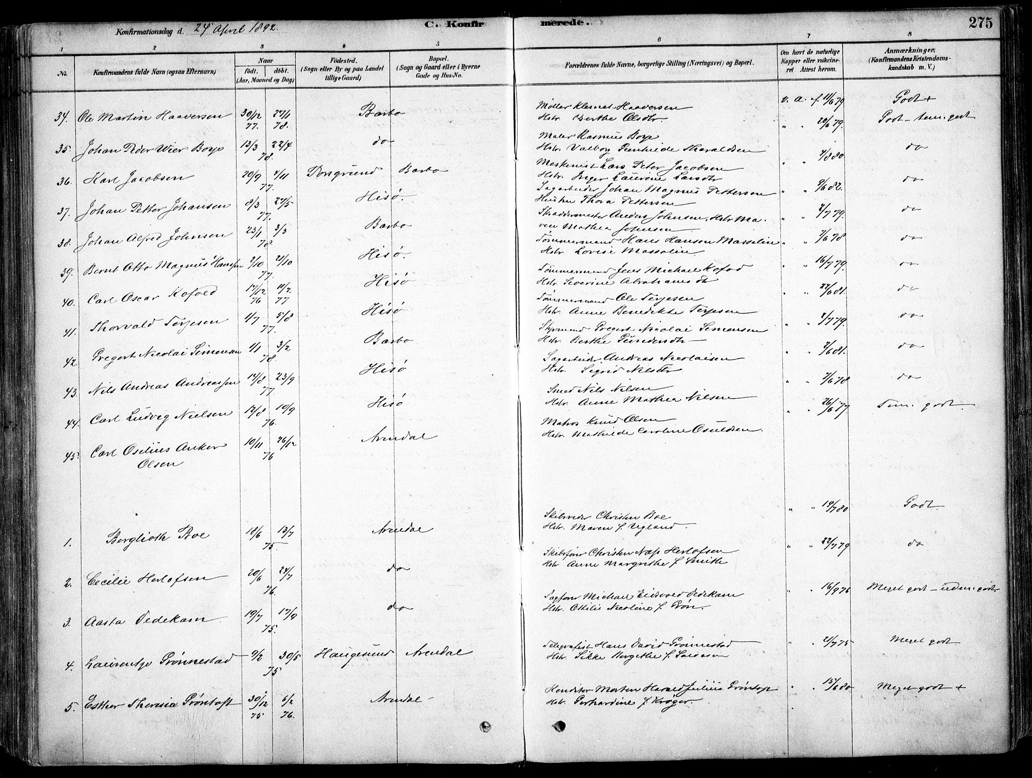 Arendal sokneprestkontor, Trefoldighet, AV/SAK-1111-0040/F/Fa/L0008: Ministerialbok nr. A 8, 1878-1899, s. 275