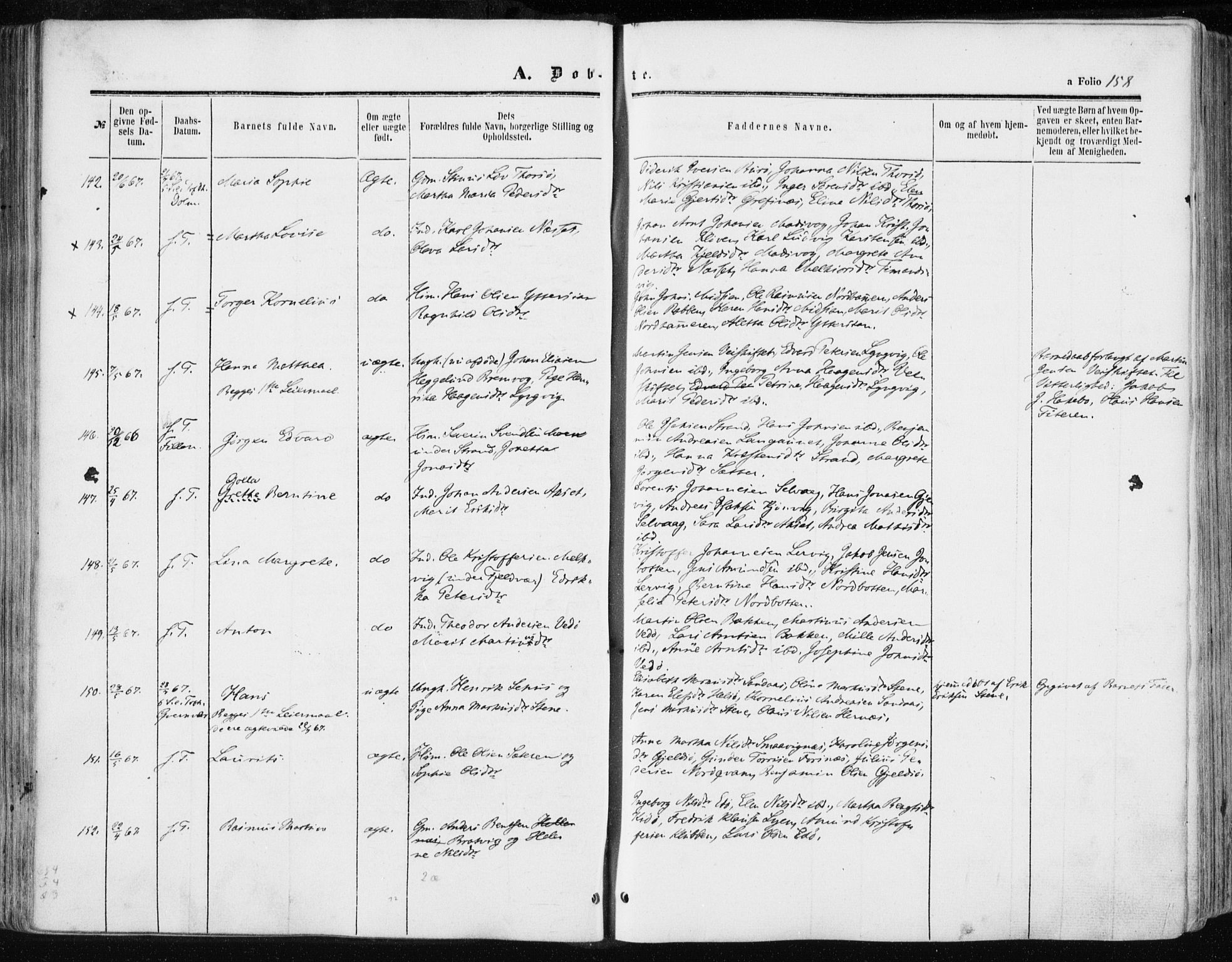 Ministerialprotokoller, klokkerbøker og fødselsregistre - Sør-Trøndelag, SAT/A-1456/634/L0531: Ministerialbok nr. 634A07, 1861-1870, s. 158