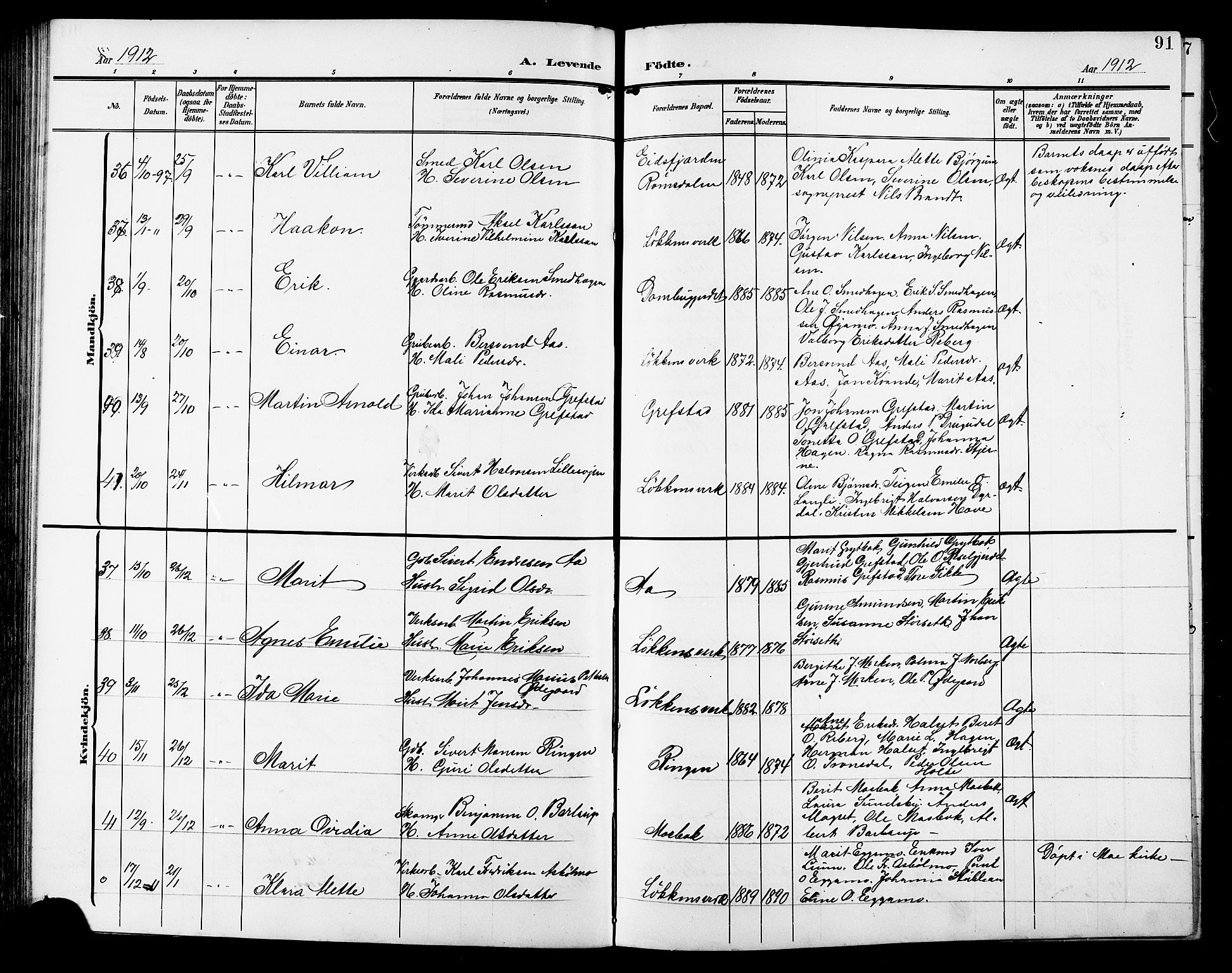 Ministerialprotokoller, klokkerbøker og fødselsregistre - Sør-Trøndelag, SAT/A-1456/672/L0864: Klokkerbok nr. 672C03, 1902-1914, s. 91