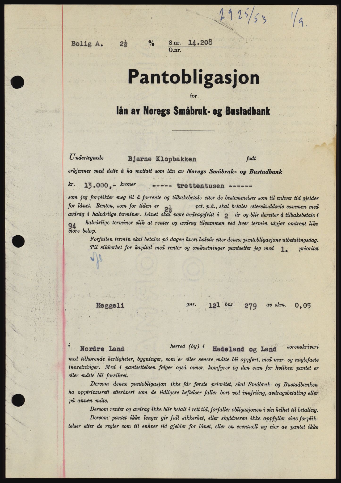 Hadeland og Land tingrett, SAH/TING-010/H/Hb/Hbc/L0027: Pantebok nr. B27, 1953-1953, Dagboknr: 2925/1953