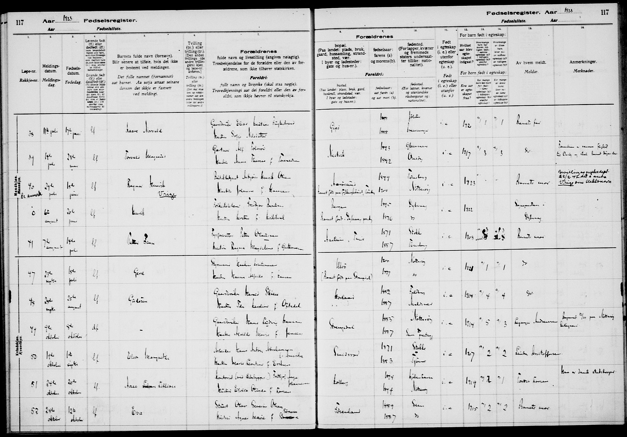 Nøtterøy kirkebøker, AV/SAKO-A-354/J/Ja/L0001: Fødselsregister nr. 1, 1916-1928, s. 117