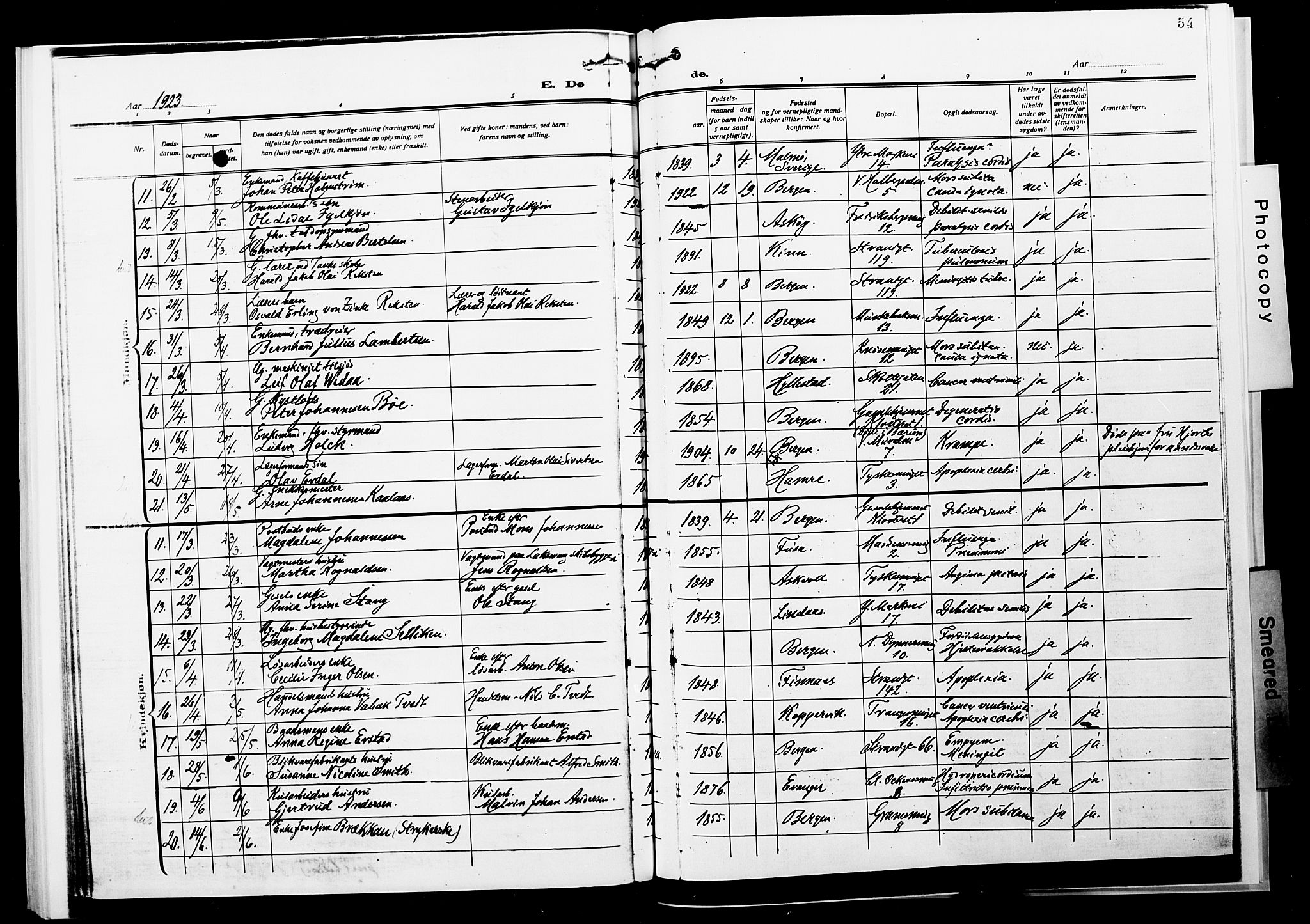 Nykirken Sokneprestembete, AV/SAB-A-77101/H/Hab: Klokkerbok nr. E 2, 1918-1924, s. 54