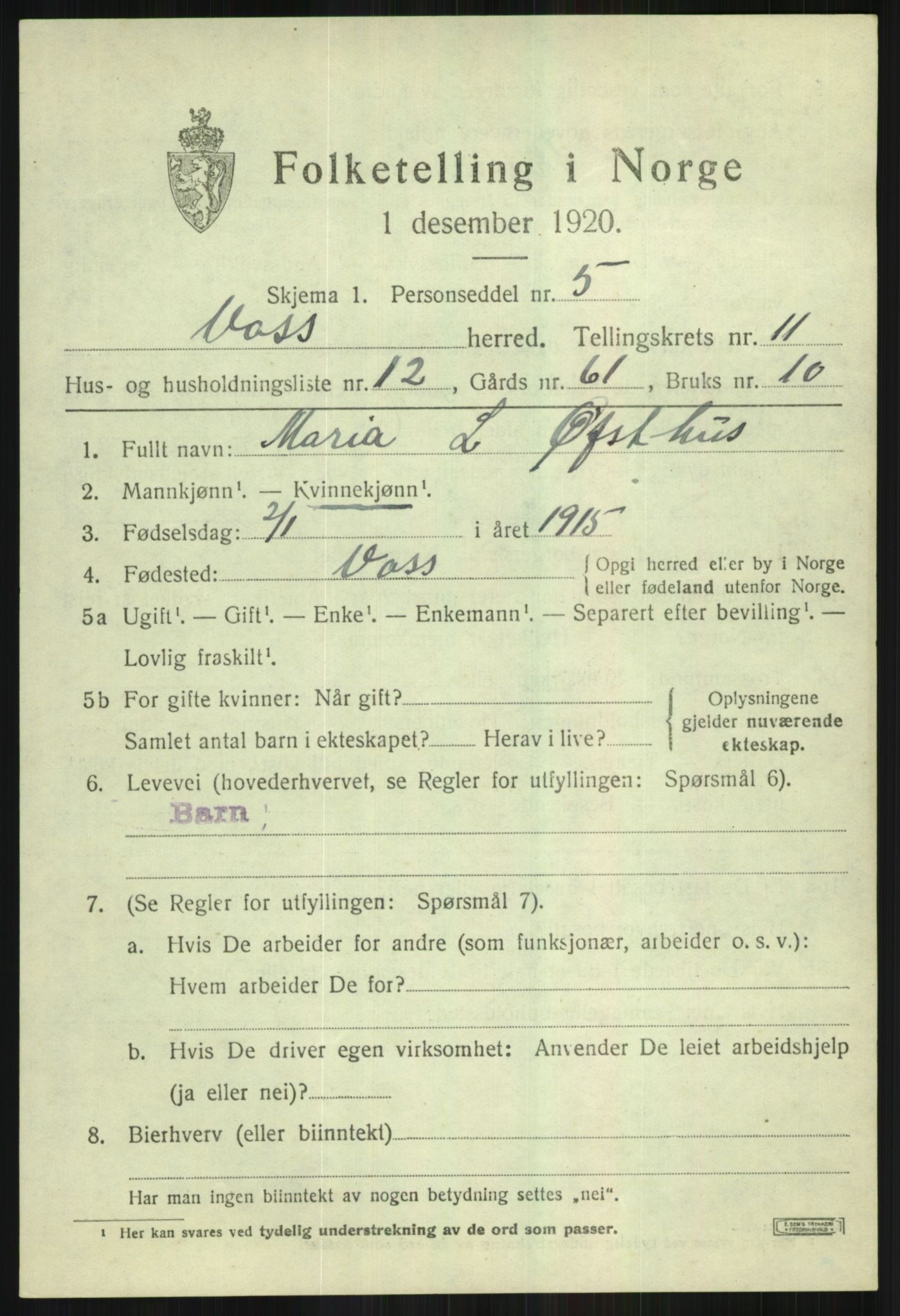 SAB, Folketelling 1920 for 1235 Voss herred, 1920, s. 10201