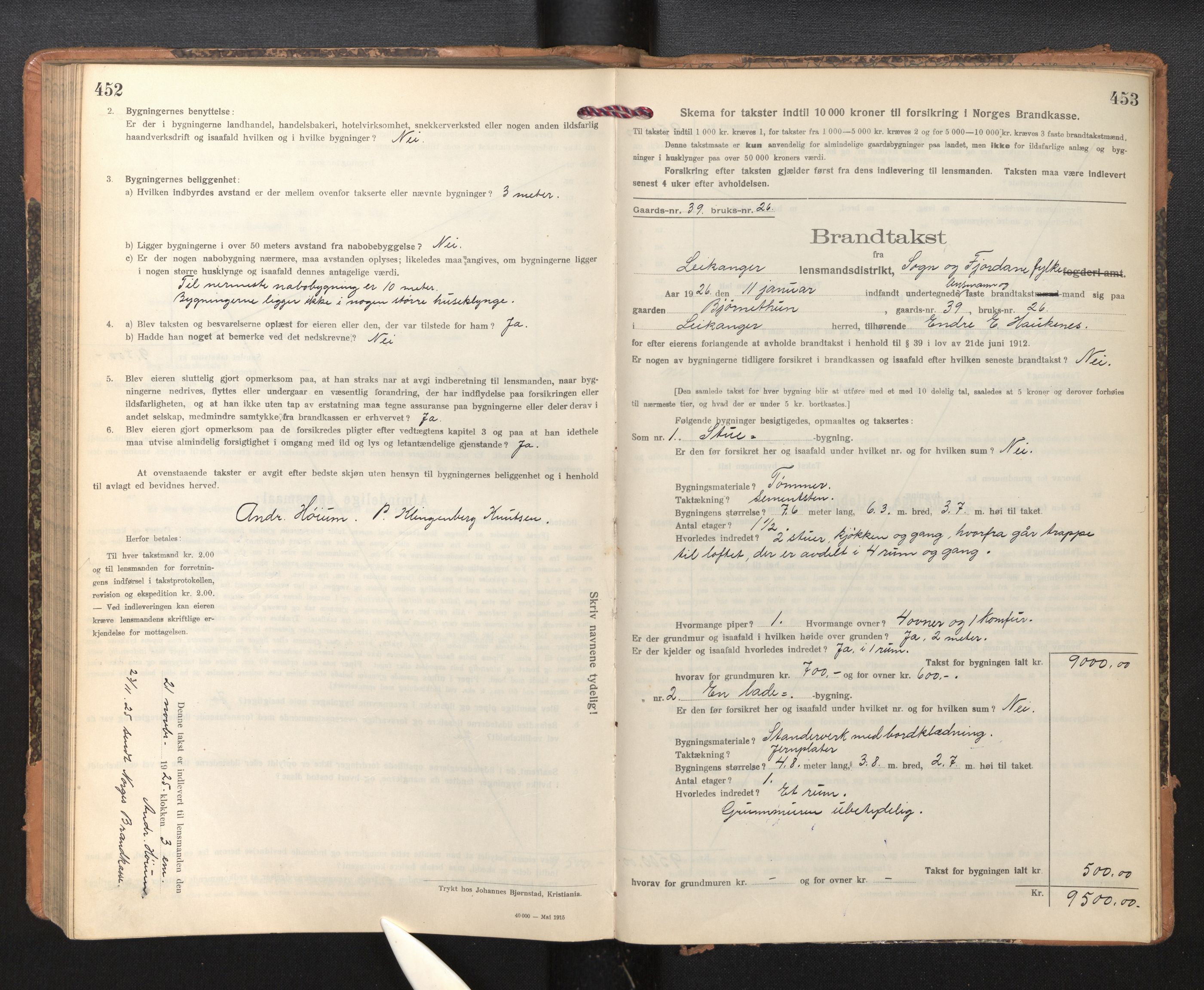 Lensmannen i Leikanger, AV/SAB-A-29201/0012/L0006: Branntakstprotokoll, skjematakst, 1920-1926, s. 452-453