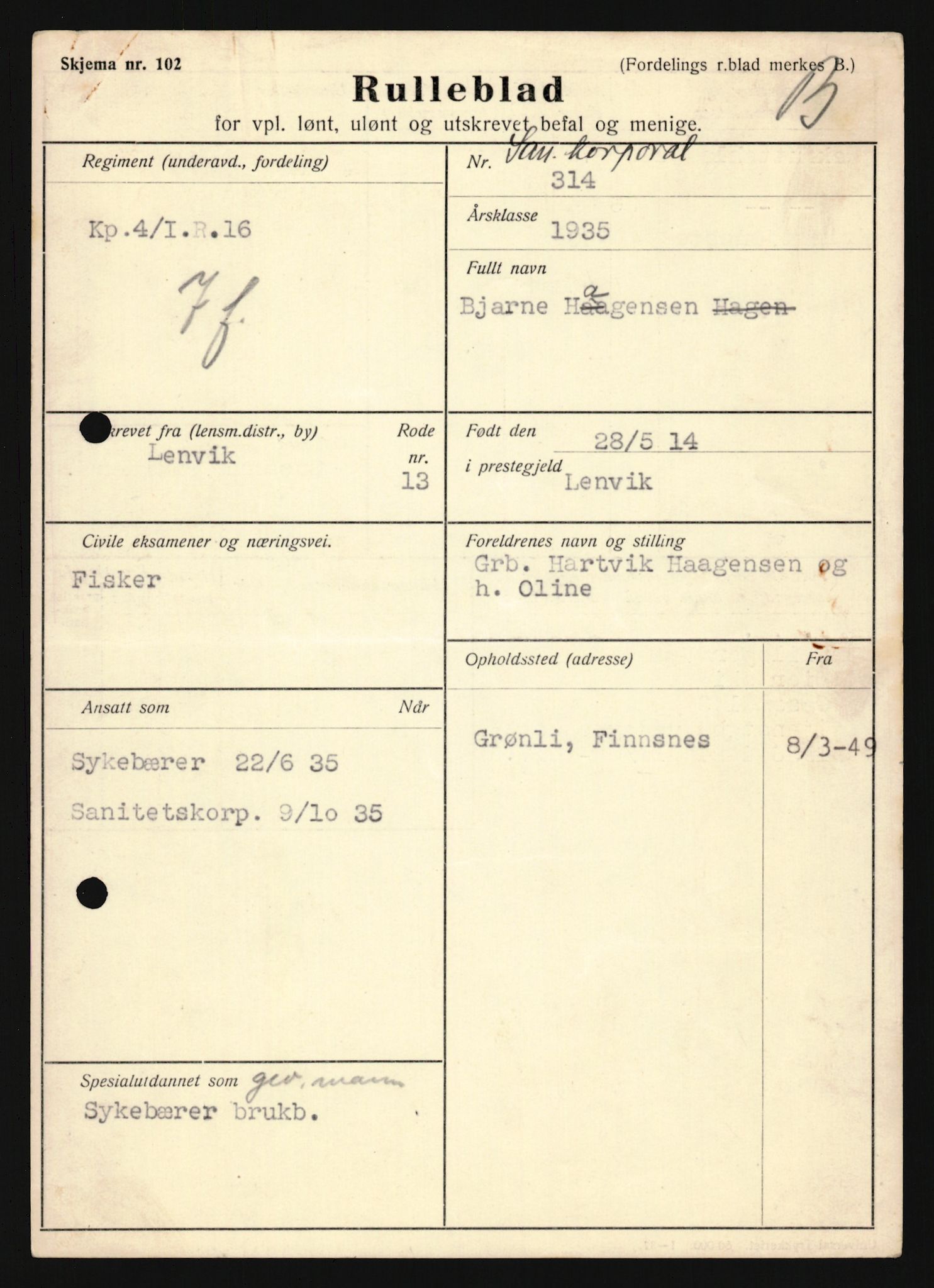 Forsvaret, Troms infanteriregiment nr. 16, AV/RA-RAFA-3146/P/Pa/L0019: Rulleblad for regimentets menige mannskaper, årsklasse 1935, 1935, s. 251