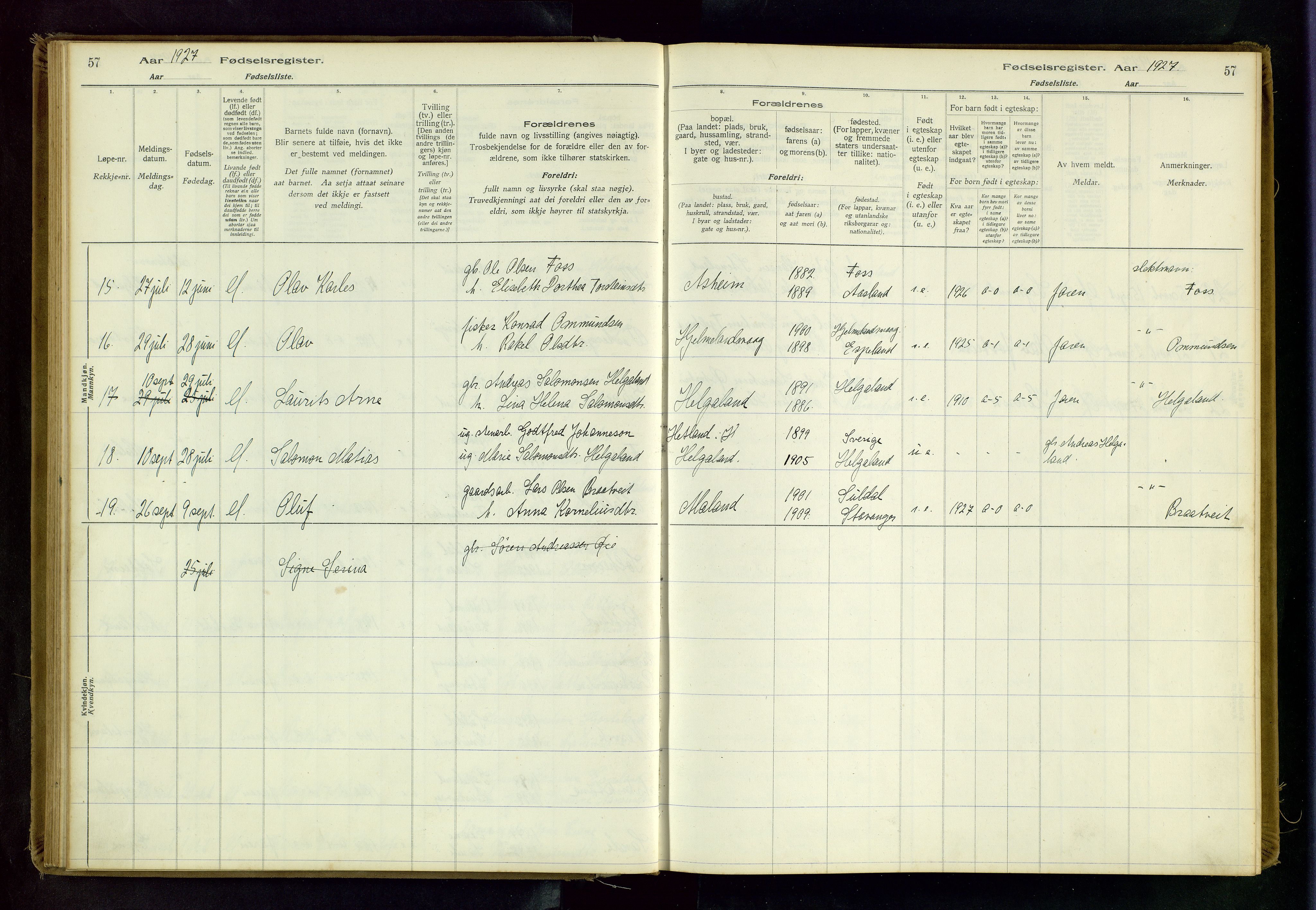 Hjelmeland sokneprestkontor, AV/SAST-A-101843/02/B/L0001: Fødselsregister nr. 1, 1916-1963, s. 57