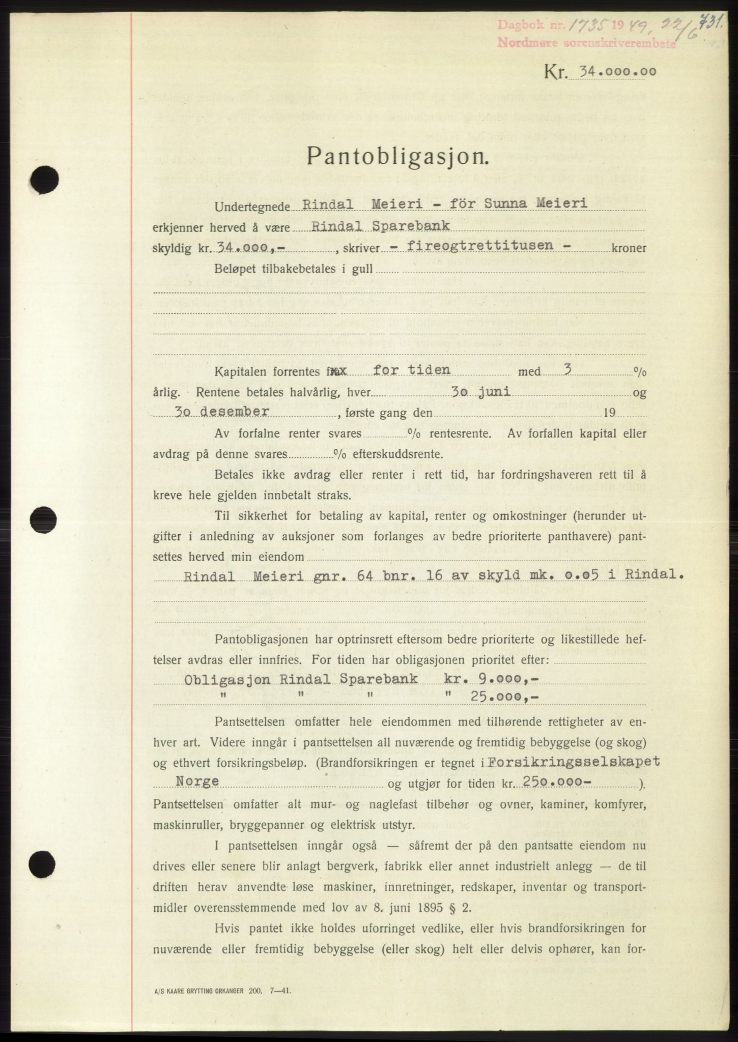 Nordmøre sorenskriveri, AV/SAT-A-4132/1/2/2Ca: Pantebok nr. B101, 1949-1949, Dagboknr: 1735/1949