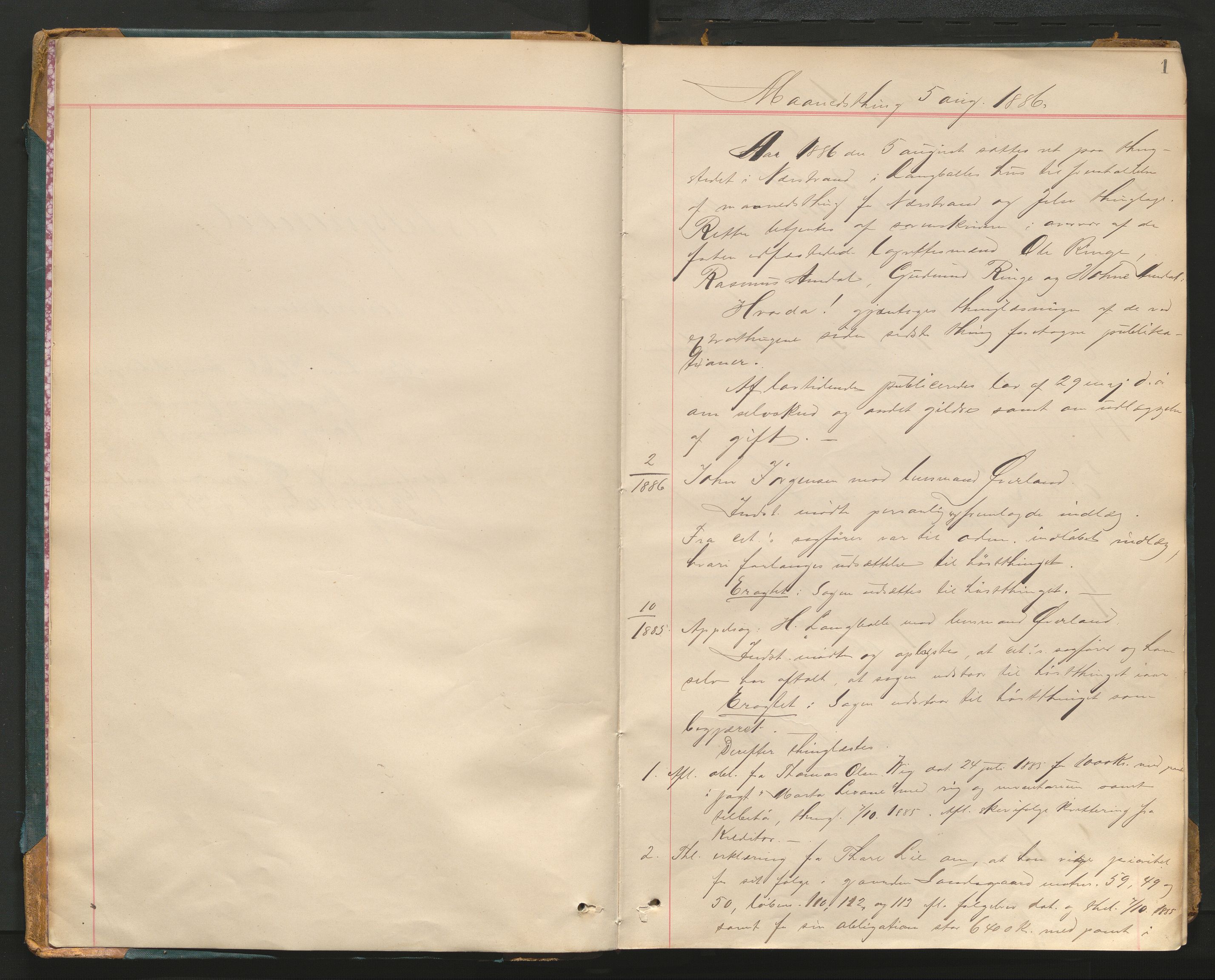 Ryfylke tingrett, AV/SAST-A-100055/001/I/IB/IB0/L0014: Tingbok, Ryfylke, 1886-1889, s. 1a