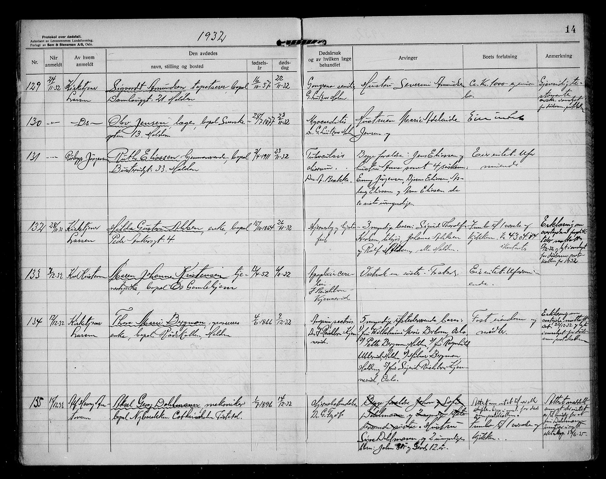 Idd og Marker sorenskriveri, AV/SAO-A-10283/H/Ha/Haa/L0001/0005: Dødsanmeldelsesprotokoller / Dødsanmeldelsesprotokoll, 1932-1937, s. 14