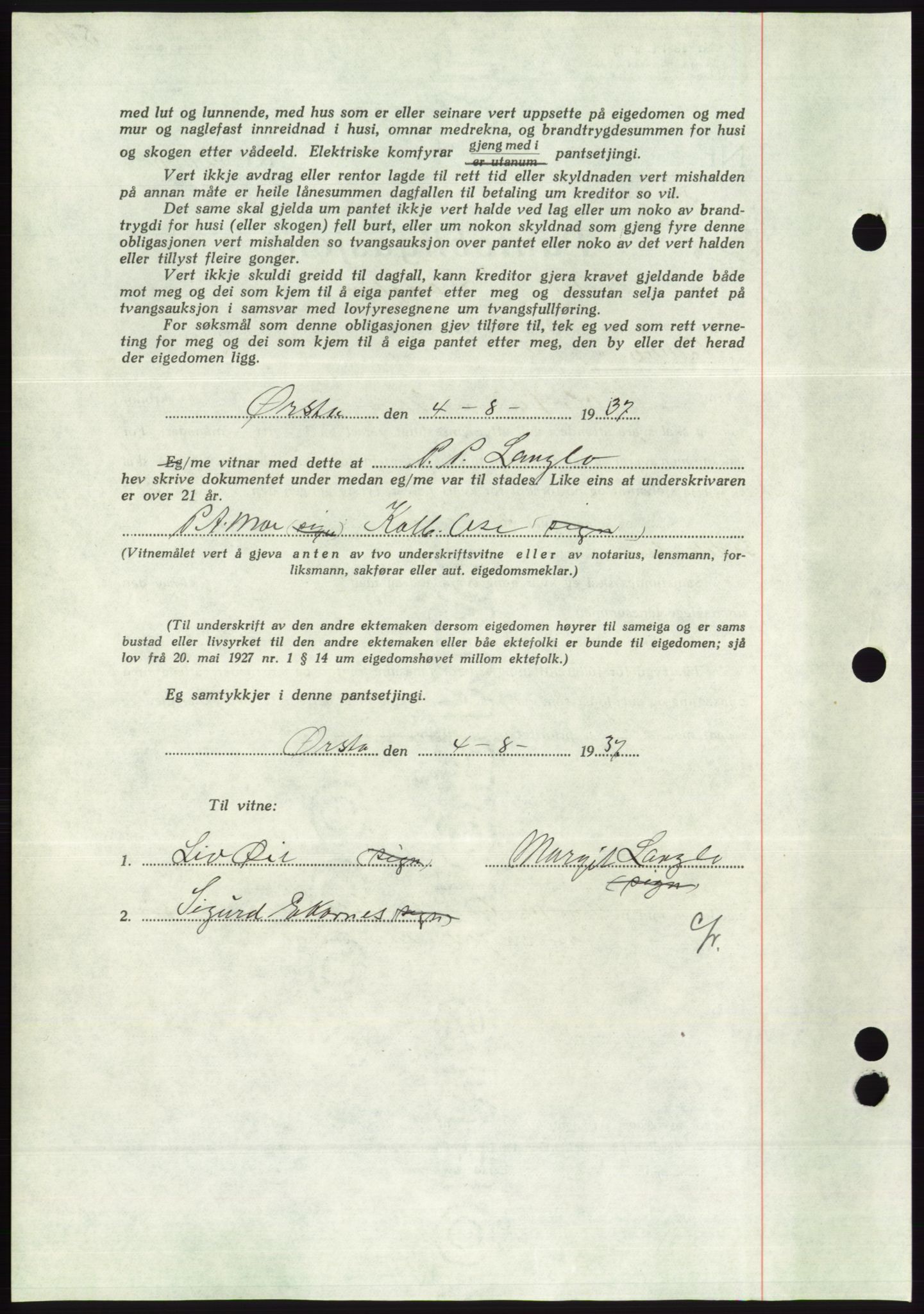 Søre Sunnmøre sorenskriveri, AV/SAT-A-4122/1/2/2C/L0063: Pantebok nr. 57, 1937-1937, Dagboknr: 1275/1937