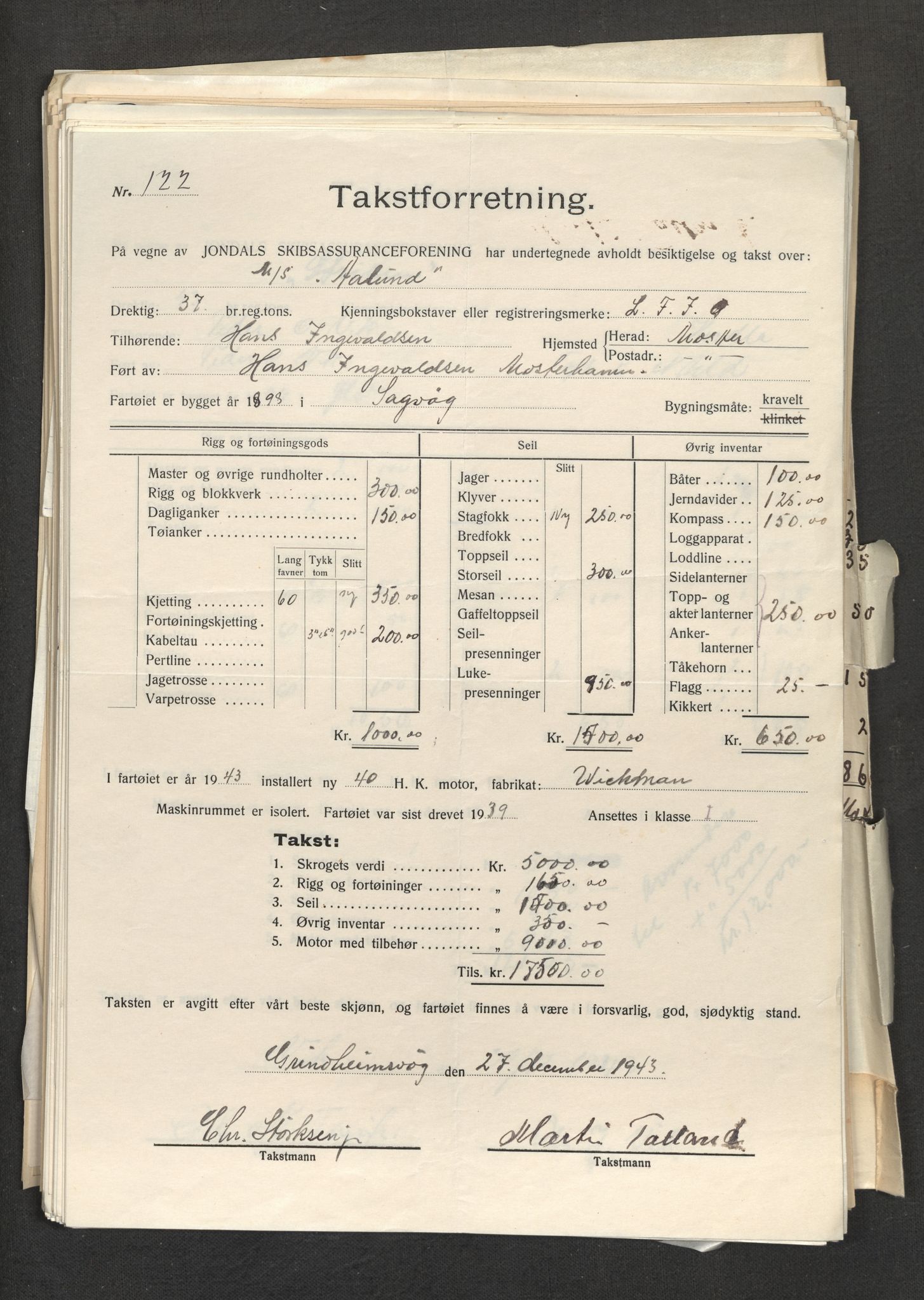 Jondal Skipsassuranseforening, AV/SAB-SAB/PA-0276/E/L0055: Takster , 1944-1952