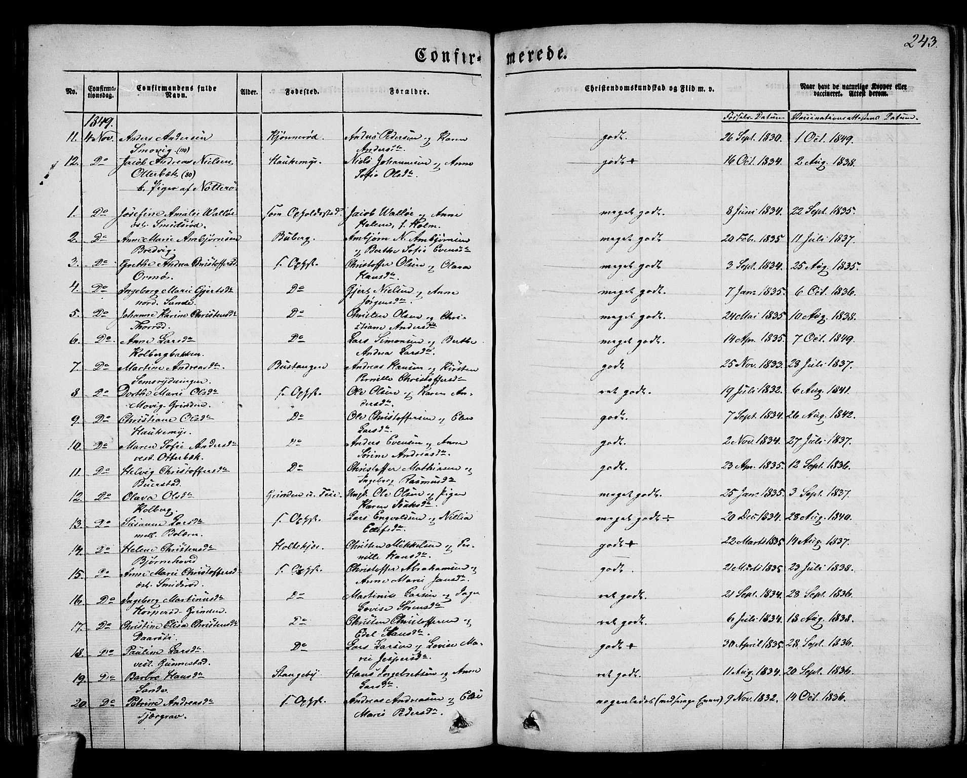 Nøtterøy kirkebøker, AV/SAKO-A-354/G/Ga/L0001: Klokkerbok nr. I 1, 1844-1859, s. 243