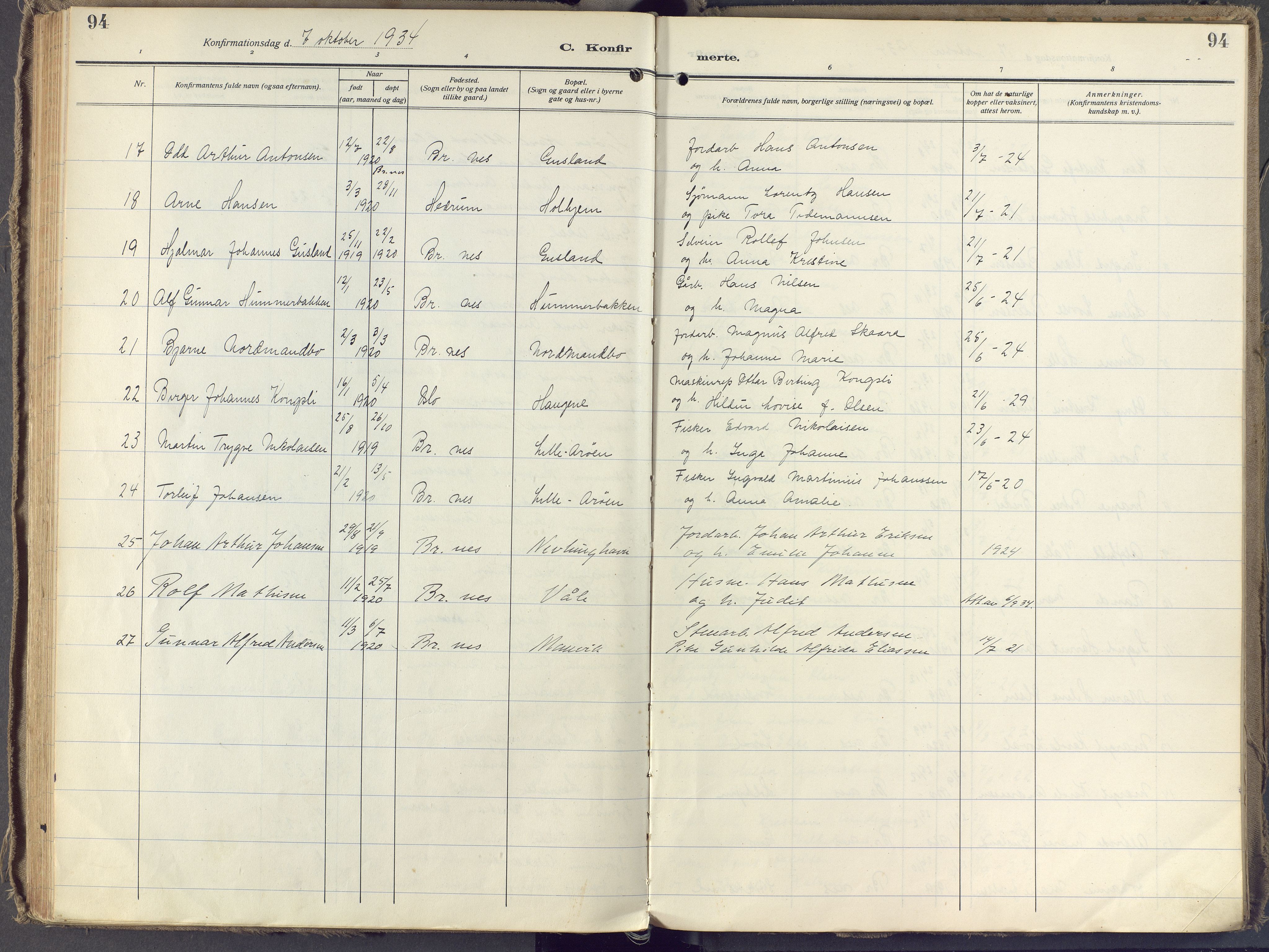 Brunlanes kirkebøker, AV/SAKO-A-342/F/Fb/L0004: Ministerialbok nr. II 4, 1923-1940, s. 94