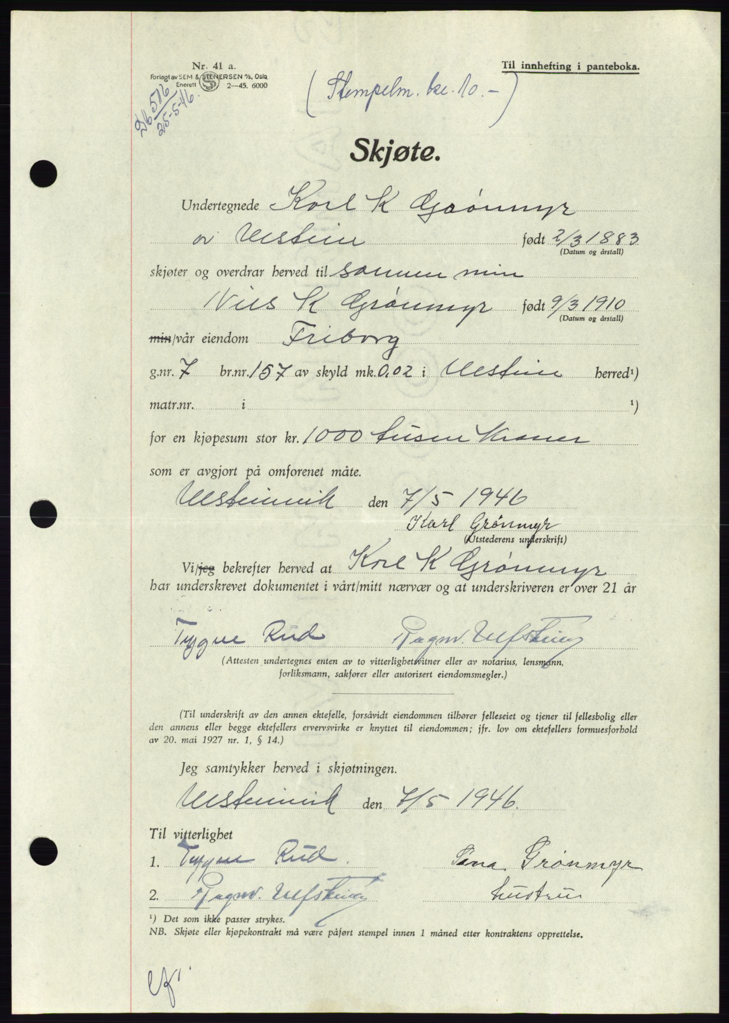 Søre Sunnmøre sorenskriveri, AV/SAT-A-4122/1/2/2C/L0078: Pantebok nr. 4A, 1946-1946, Dagboknr: 516/1946